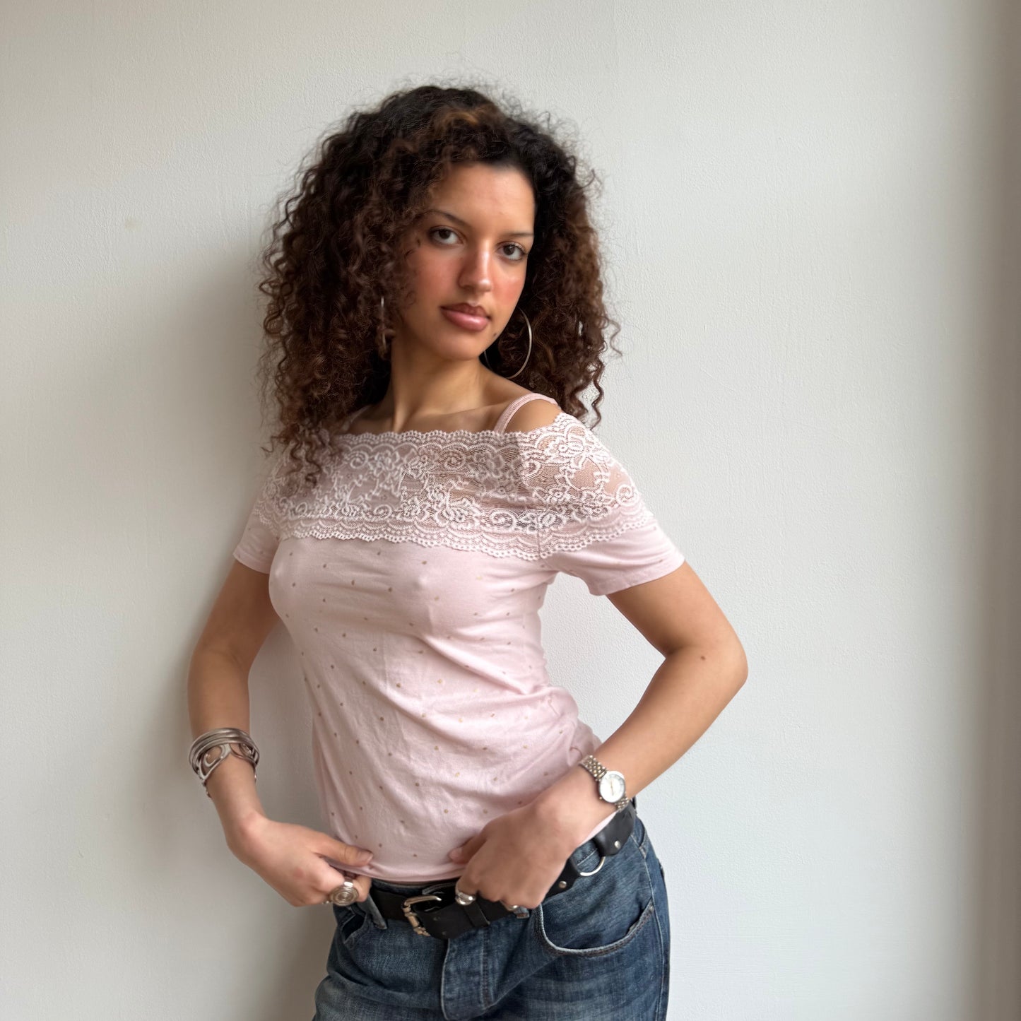 Pink lace Bardot top - Size M