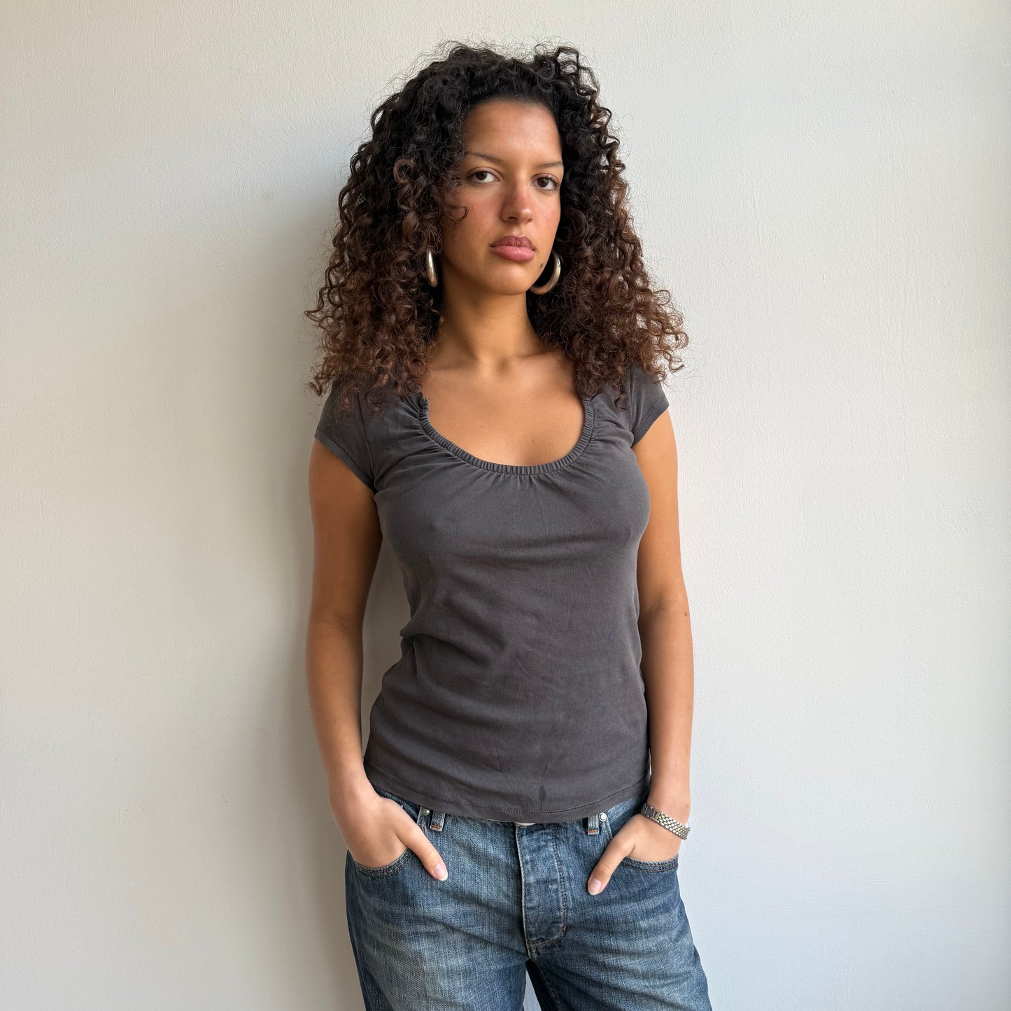 Charcoal ruched neck top - Size M