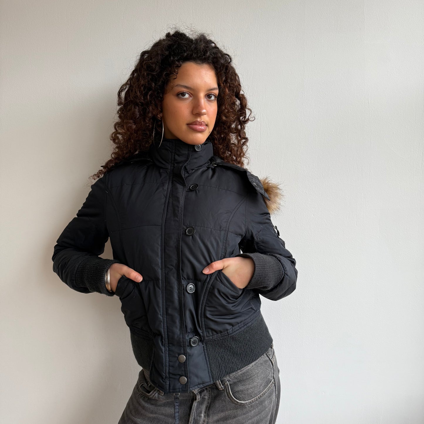Black fur hood bomber - Size S