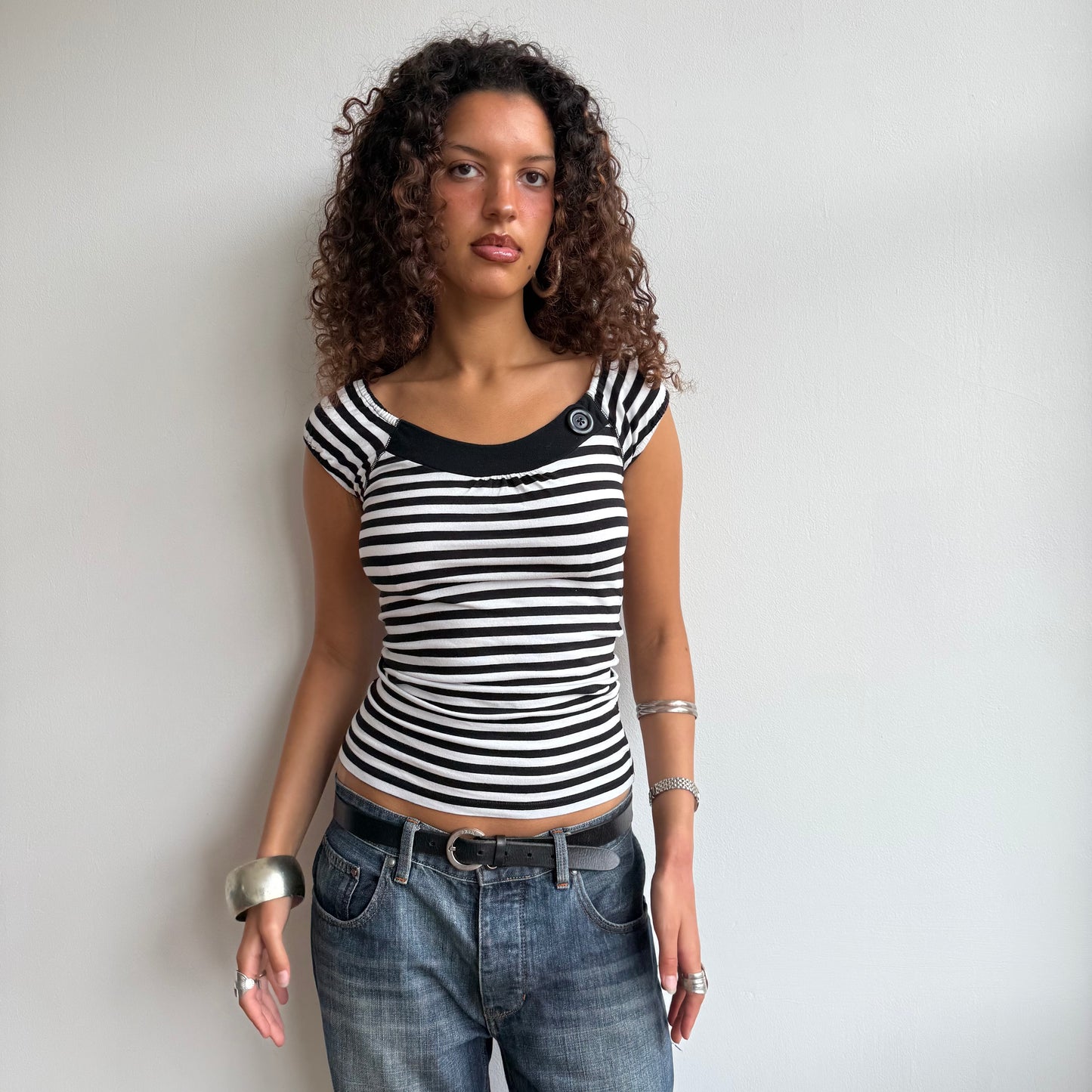 Black + white stripe button top - Size S , S/M + M
