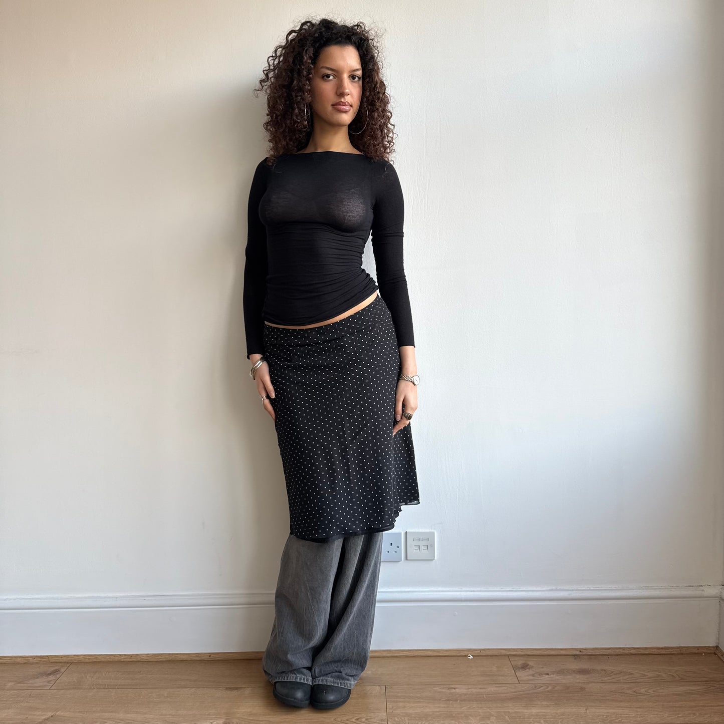 Black polka dot midi skirt - Size M
