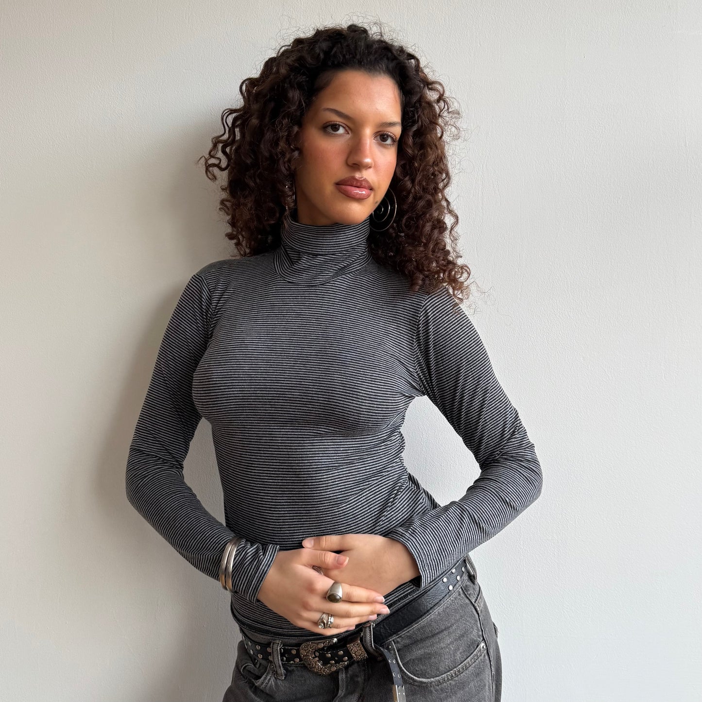 Black and grey striped roll neck - Size s