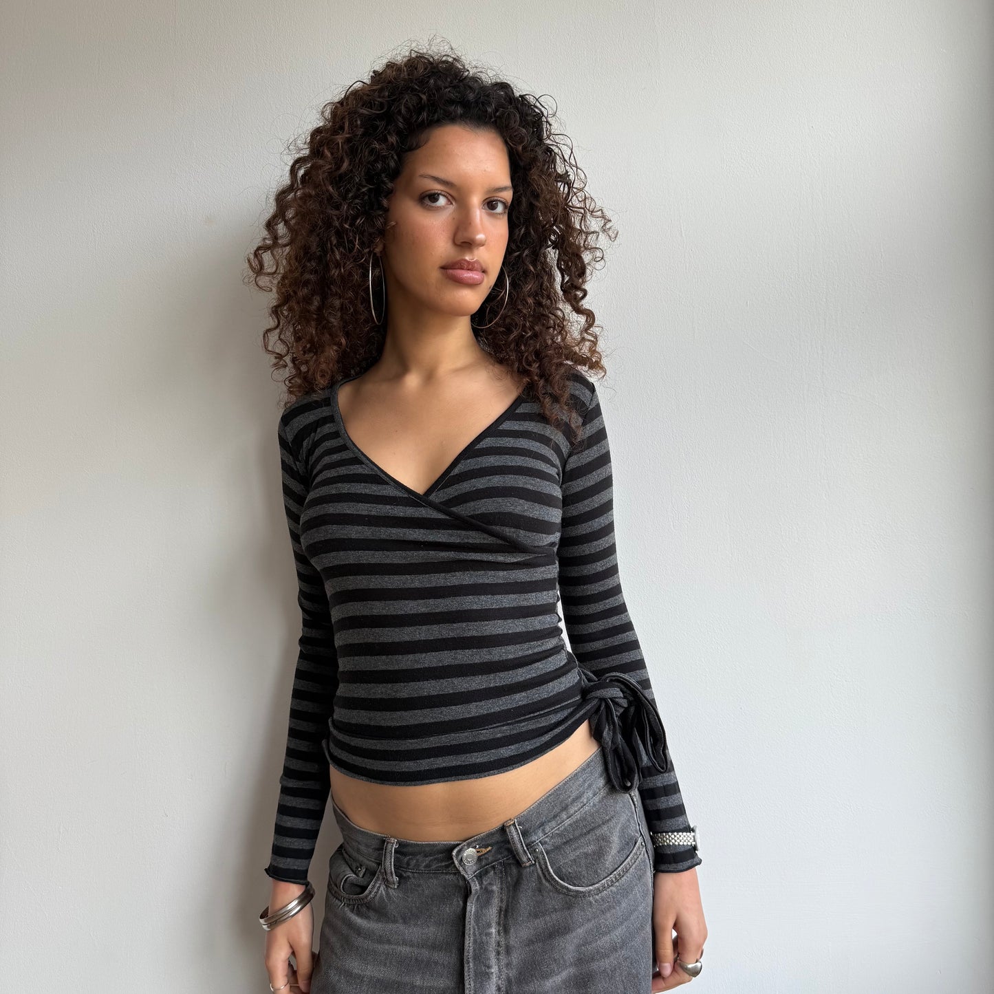 Grey + black striped wrap top - Size S