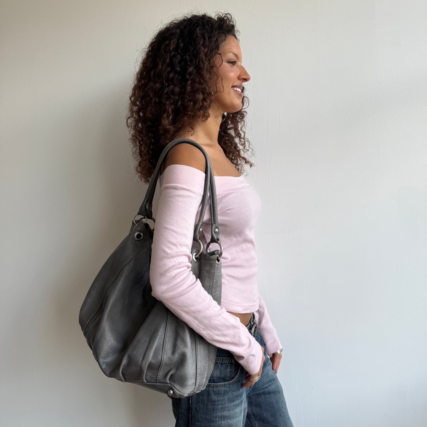 Grey leather slouchy bag