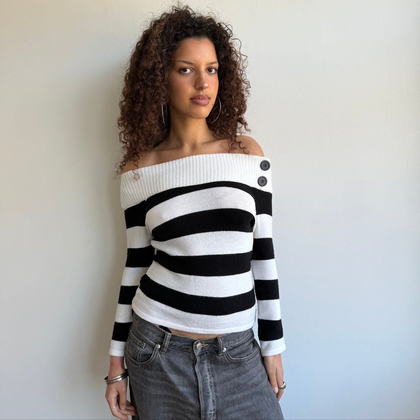 Black + white striped baddot knit - Size S