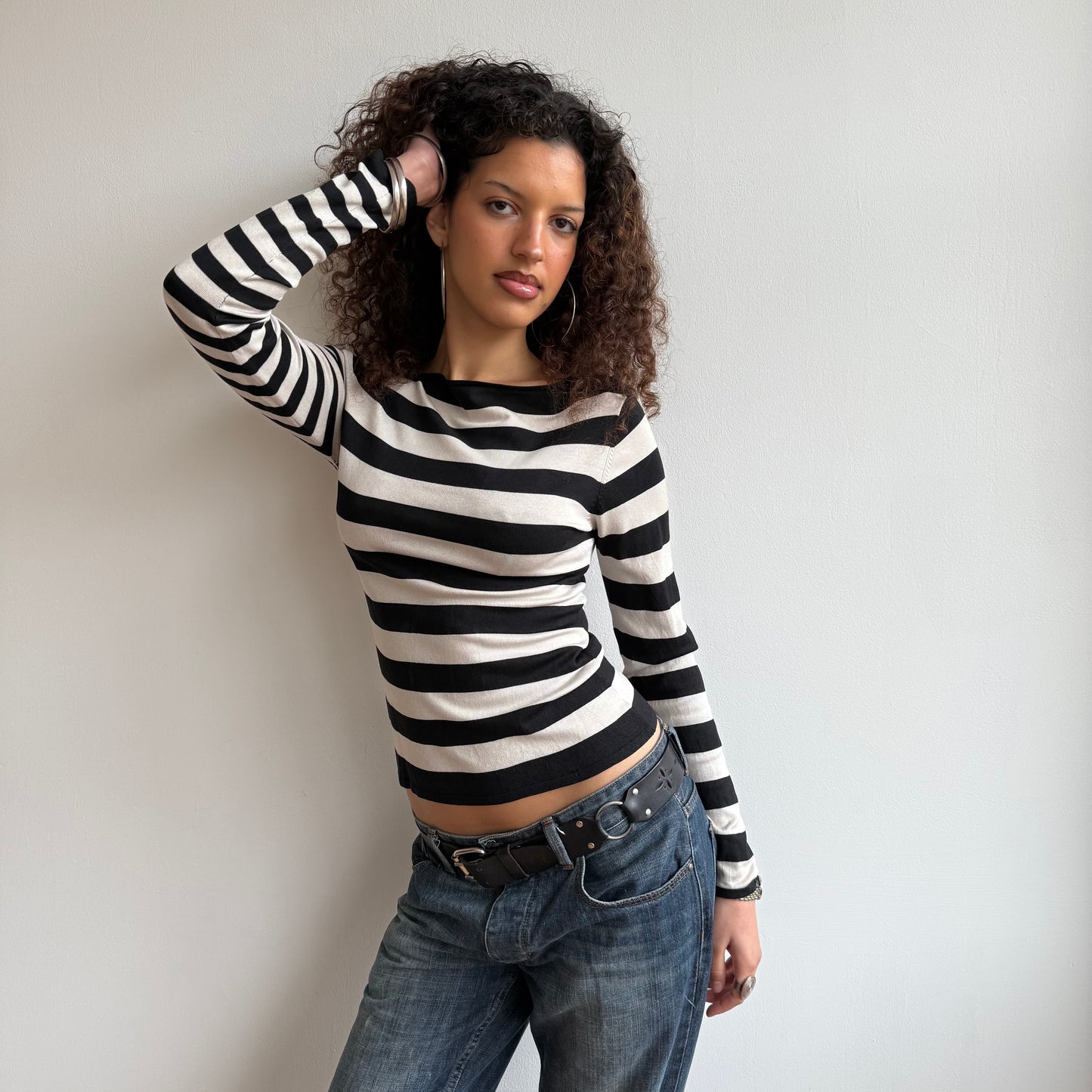Black + white dual stripe top - Size S