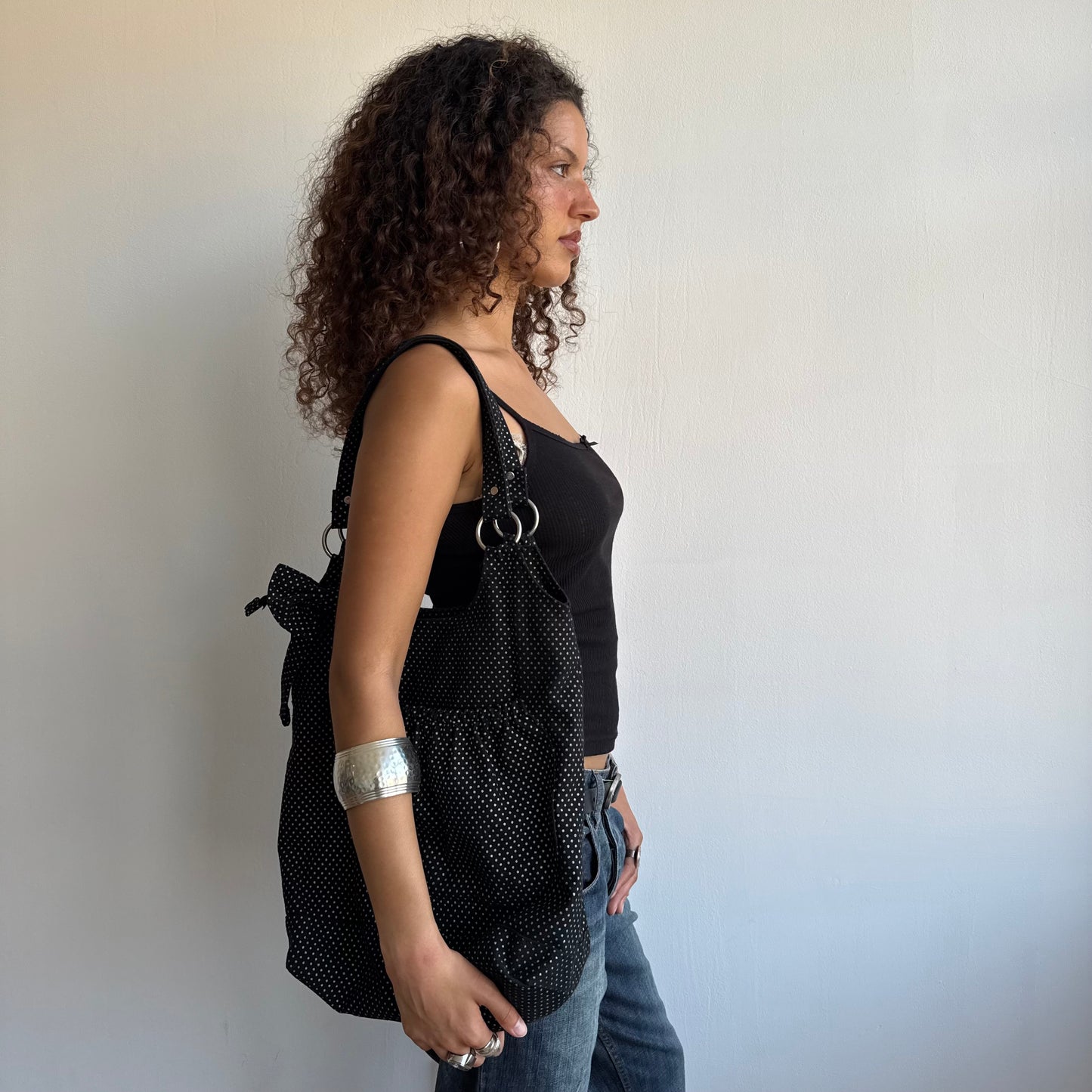 Black polka dot tote bag