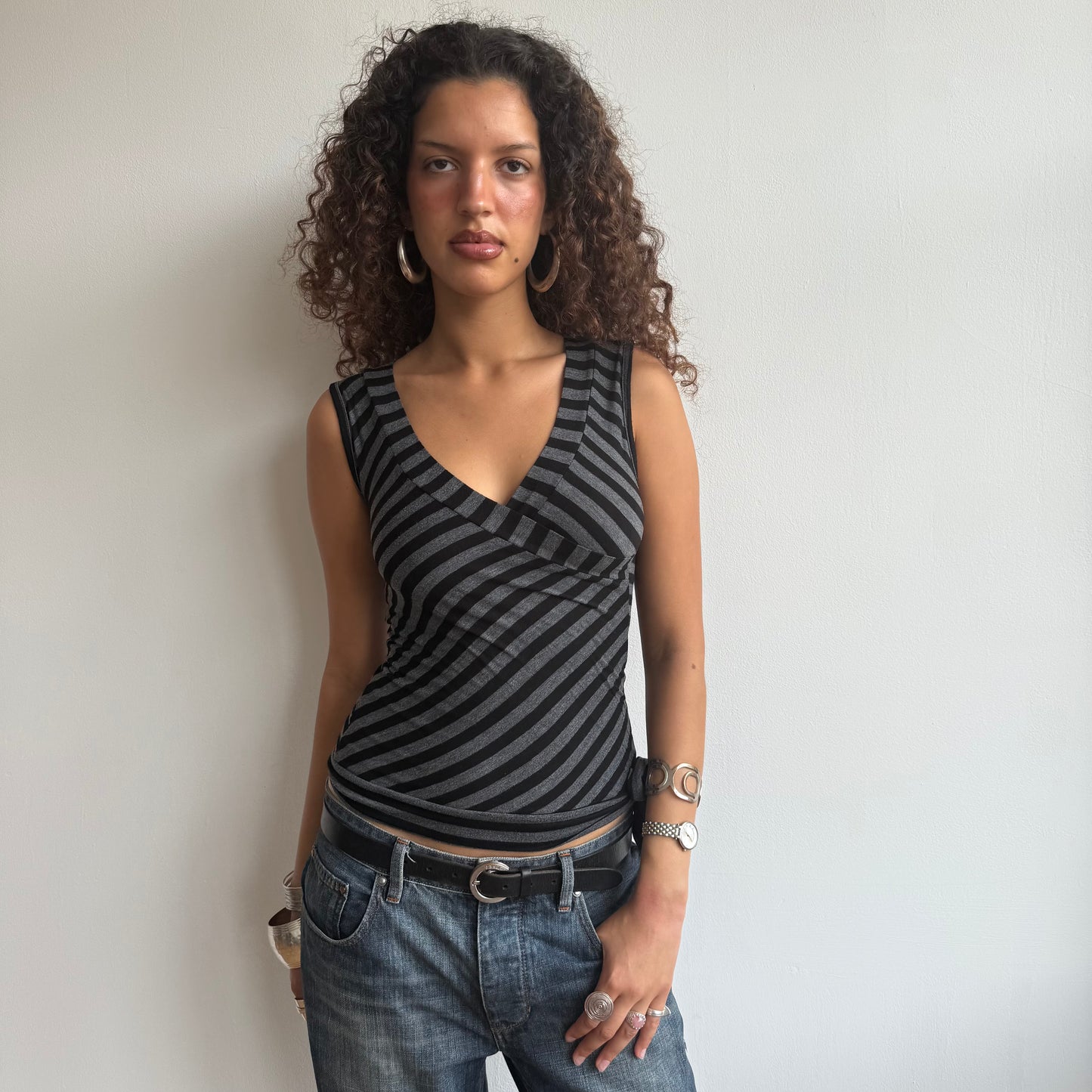 Black + grey stripe wrap top - Size M