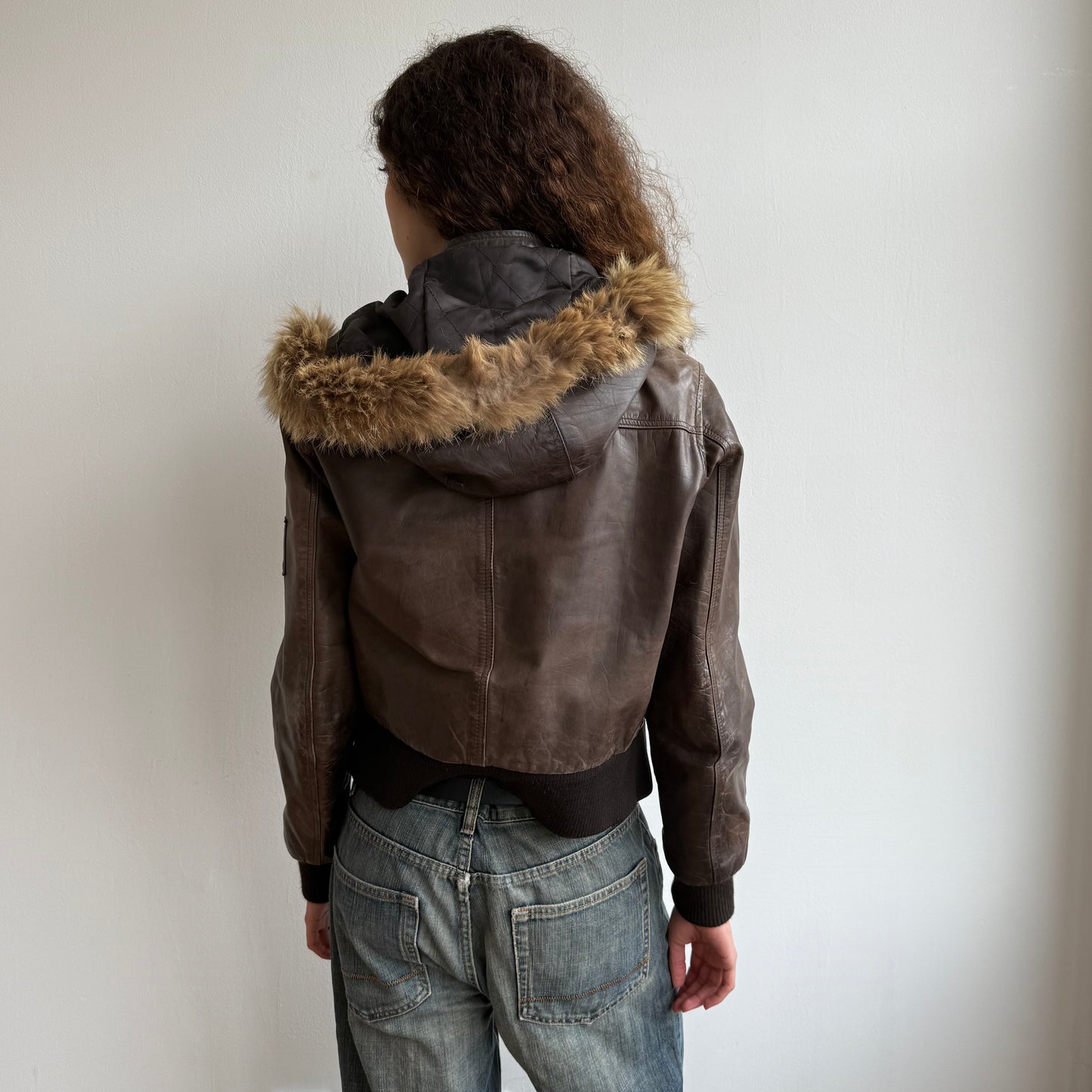 Brown leather fur hood bomber - Size M