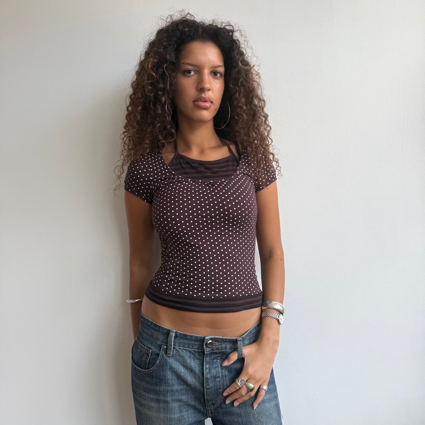 Brown polka dot striped halter top - Size S
