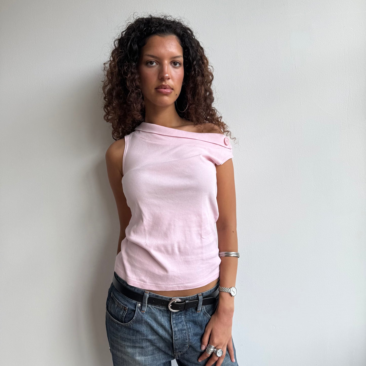 Pink bardot button top - Size M/L