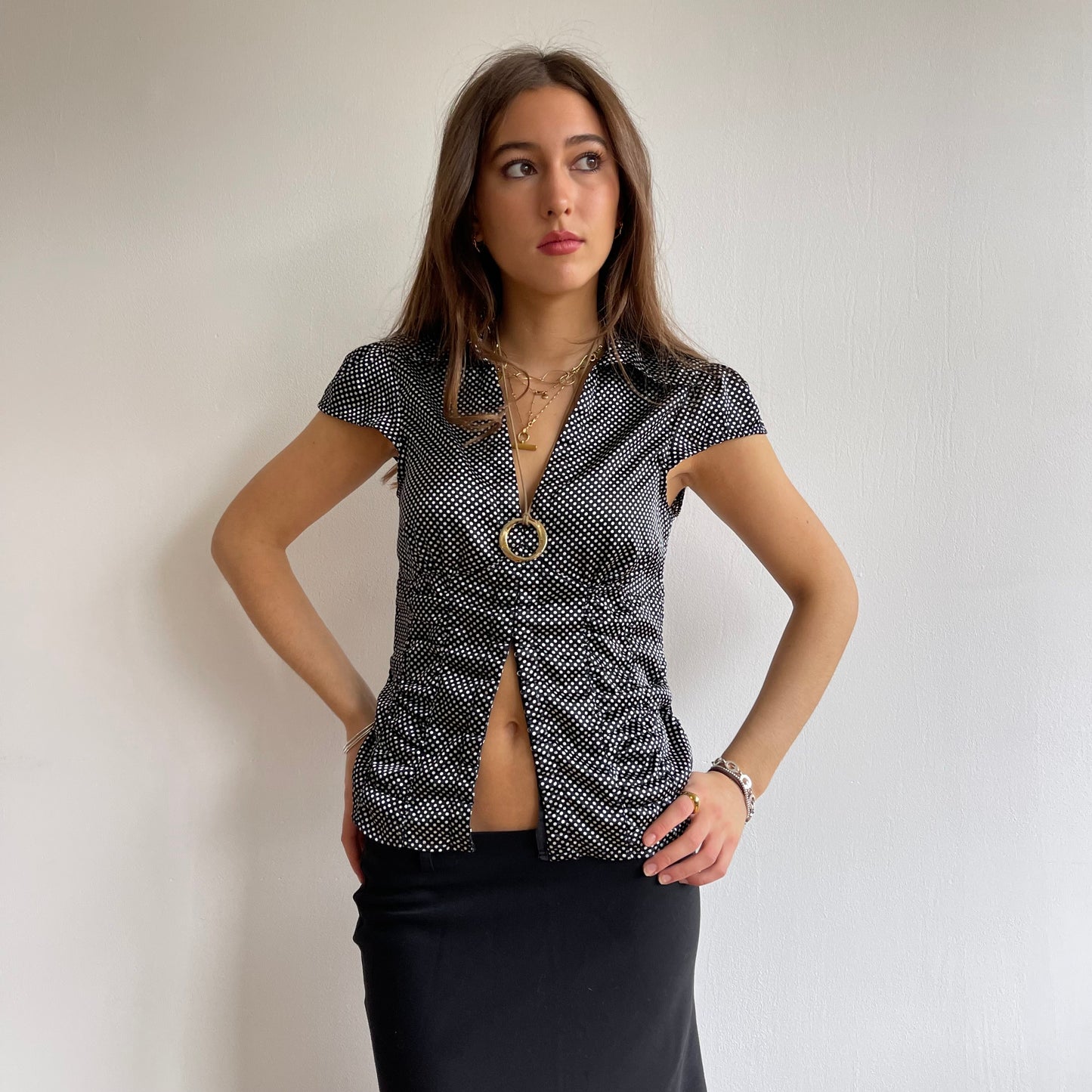 Black satin polka dot shirt - Size S