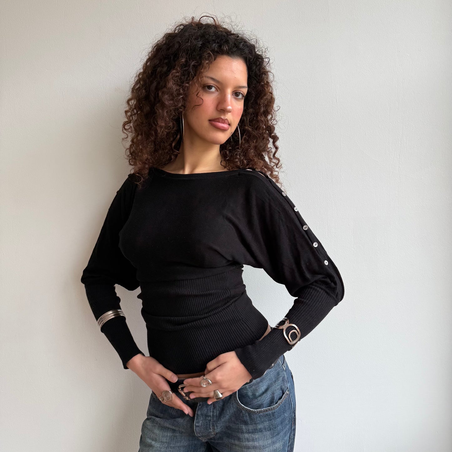 Black slouchy button arm knit - Size S
