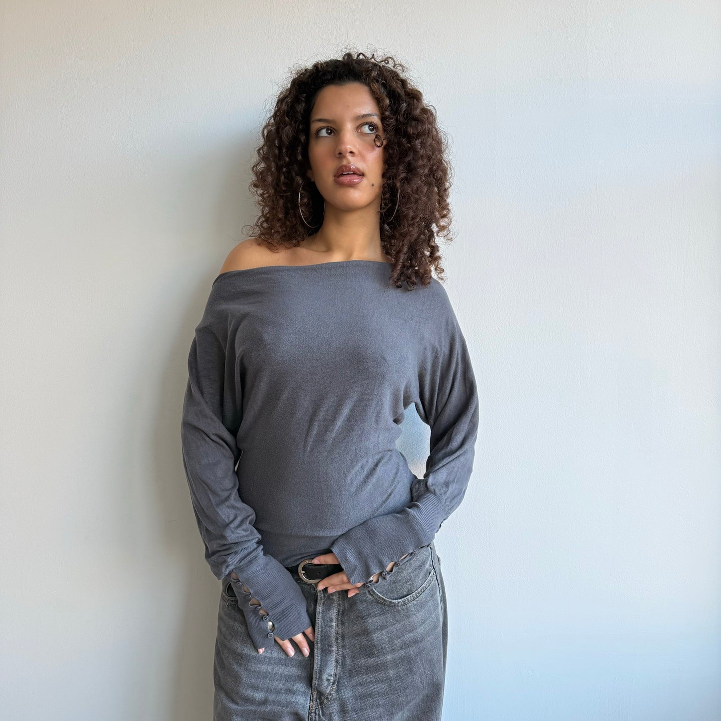 Grey slouchy button jumper - Size S