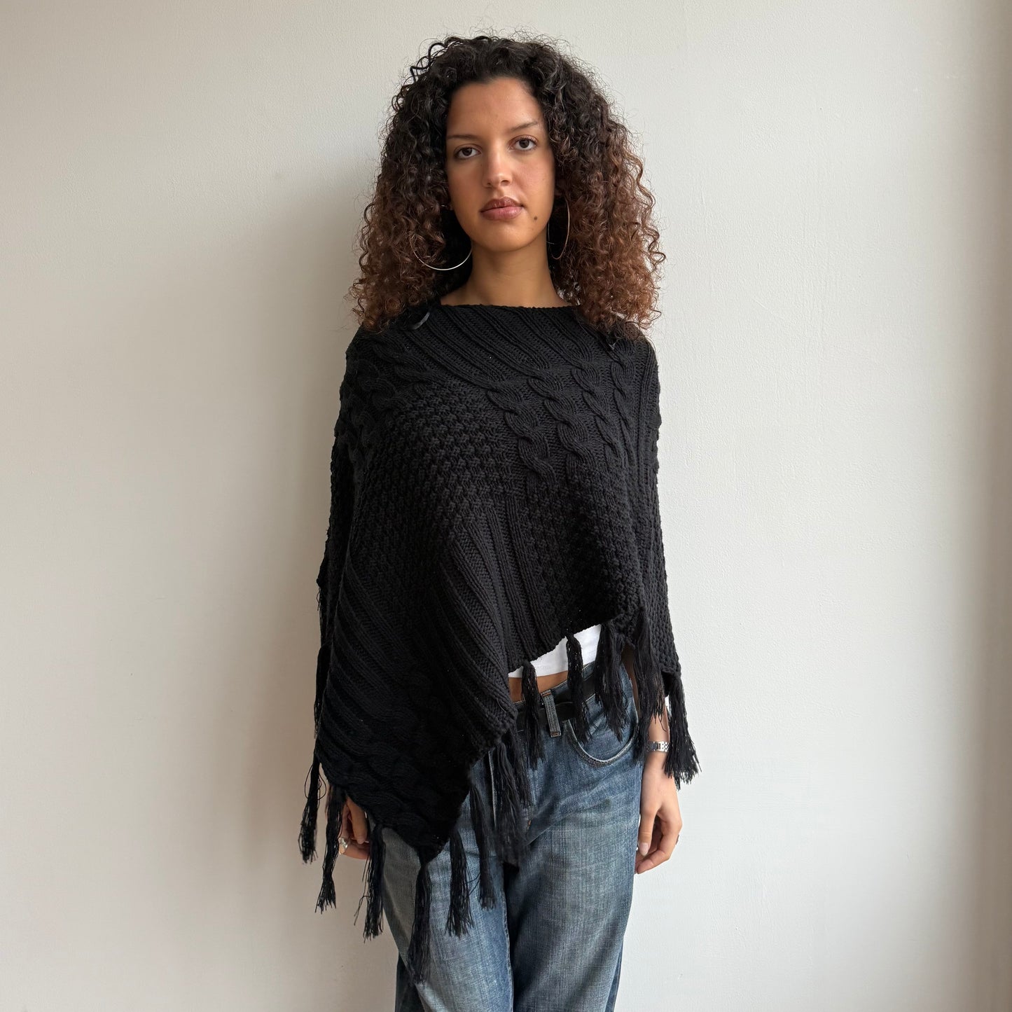 Black chunky knit tassel poncho - One Size