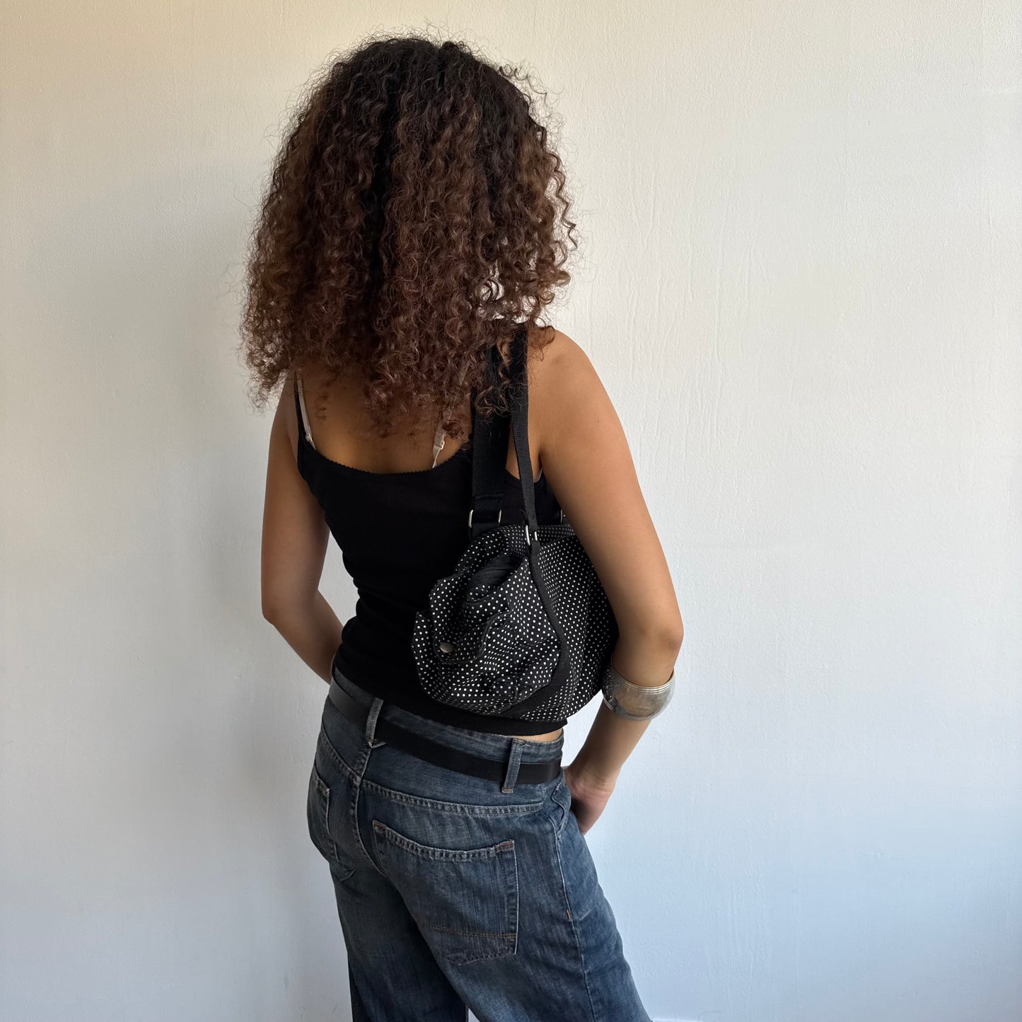 Black polka dot bowling bag