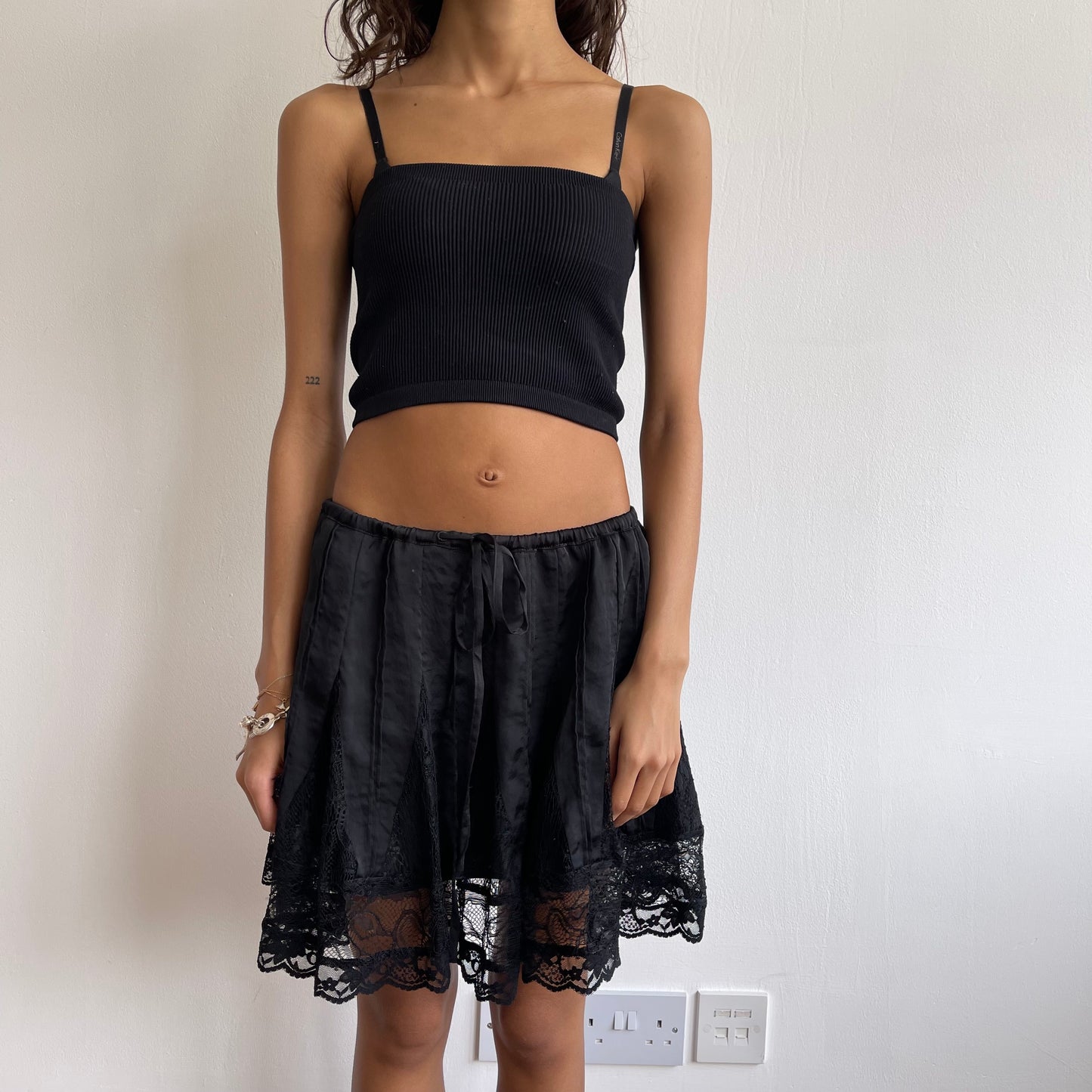 Black satin lace mini skirt - Size S