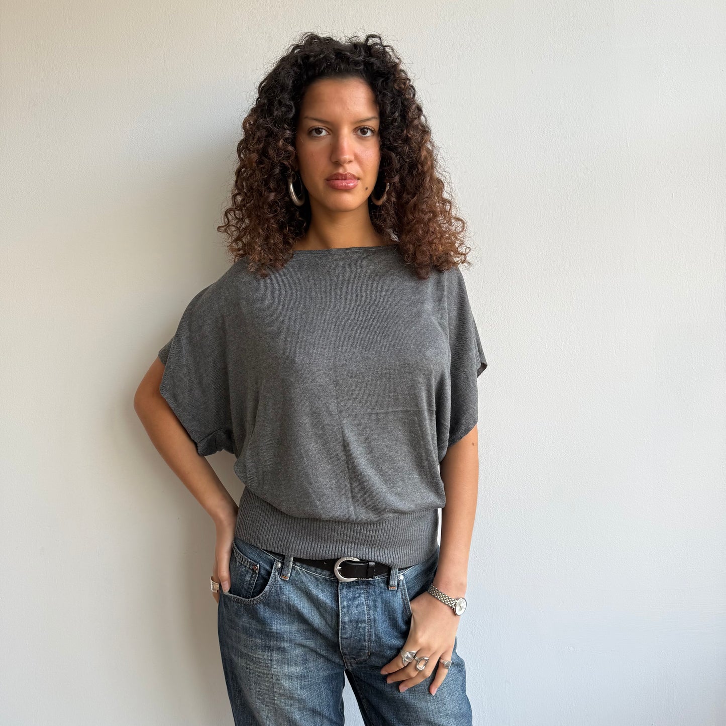 Charcoal short sleeve slouchy knit - Size M