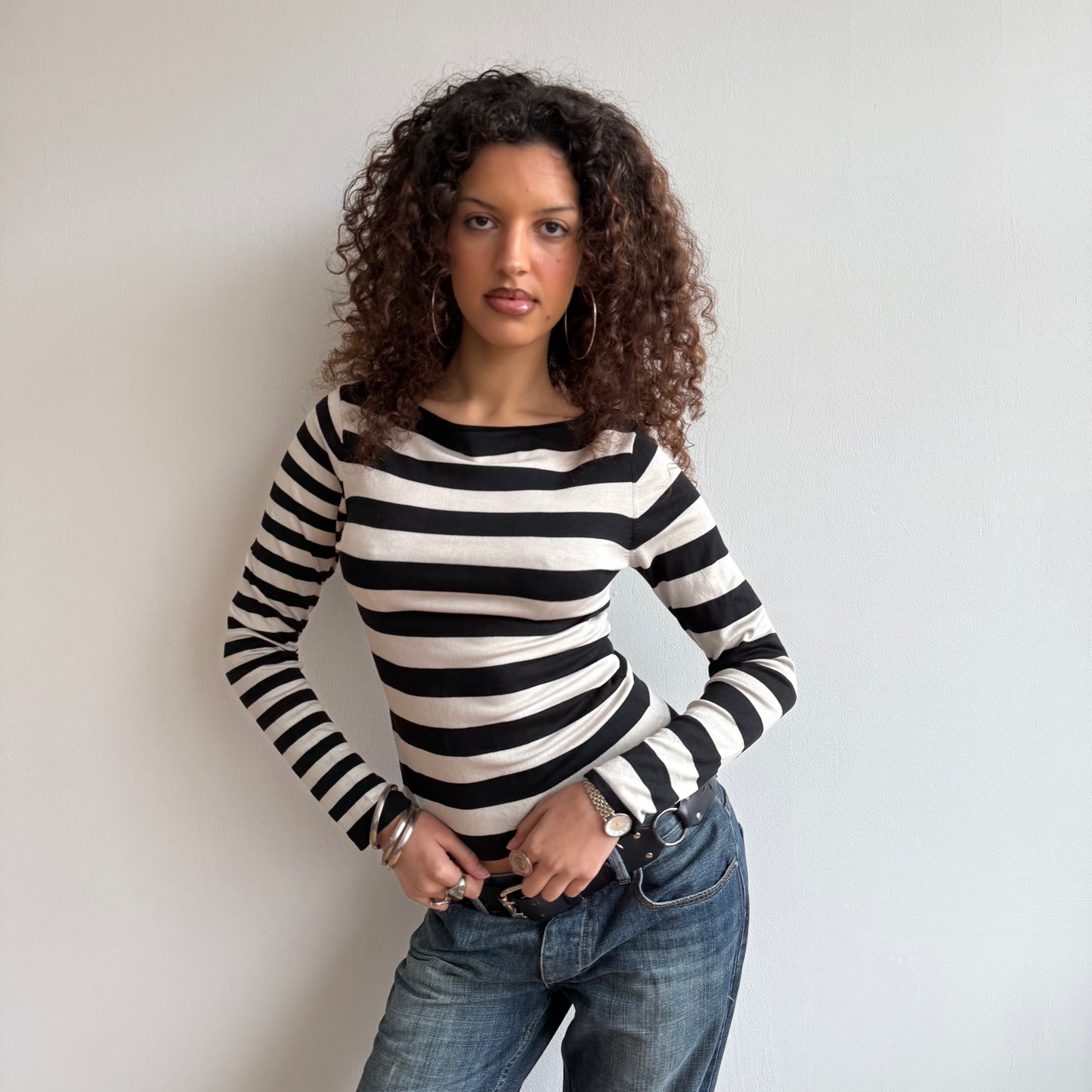 Black + white dual stripe top - Size S