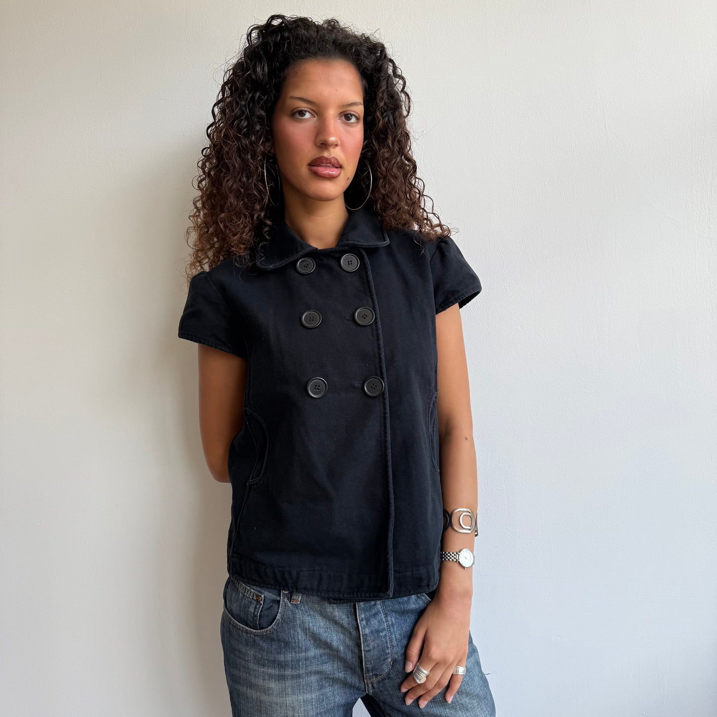 Black short sleeve peacoat - Size L