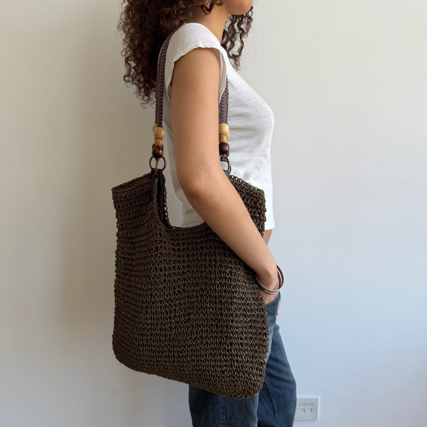 Khaki woven beaded bag
