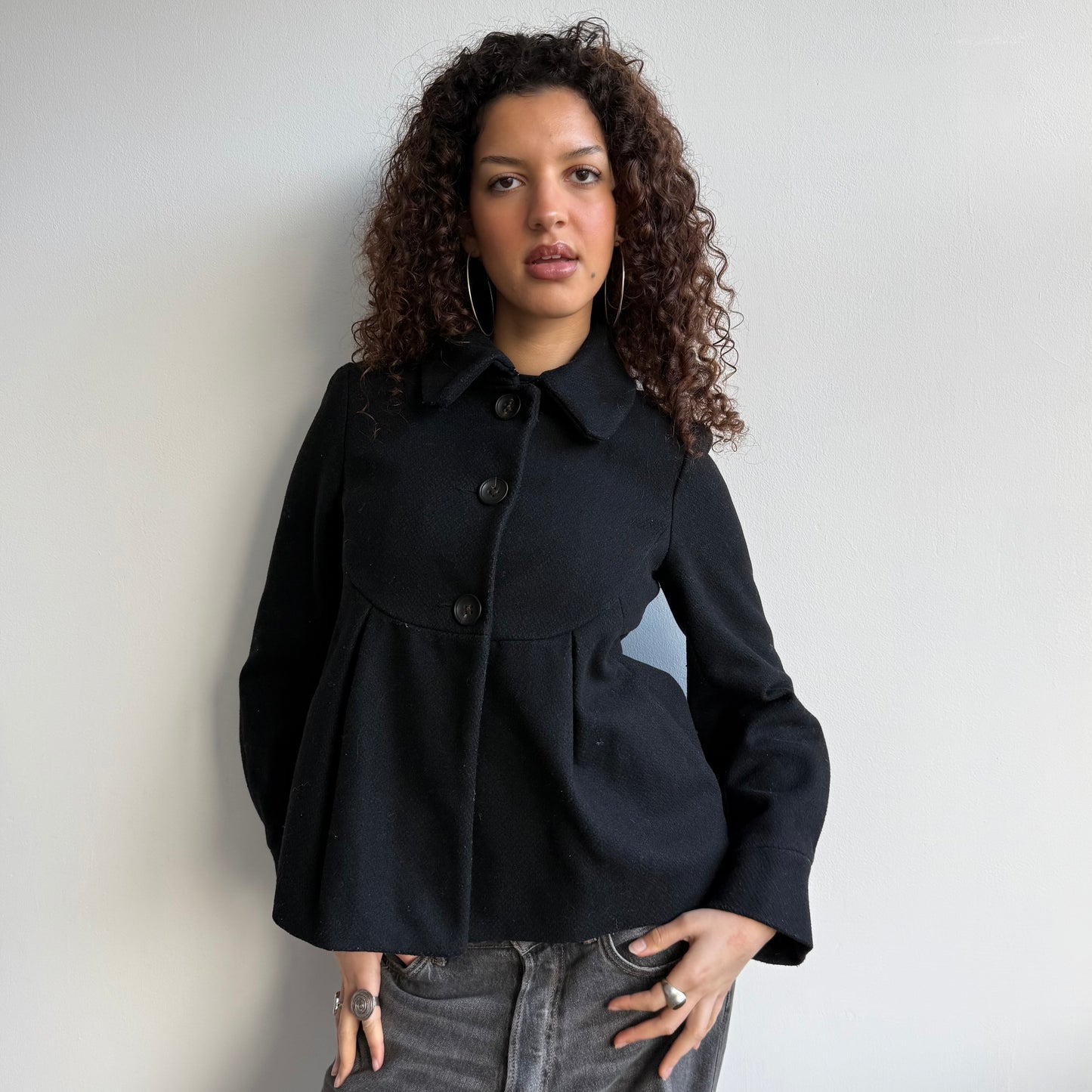 Black button wool swing coat - Size S
