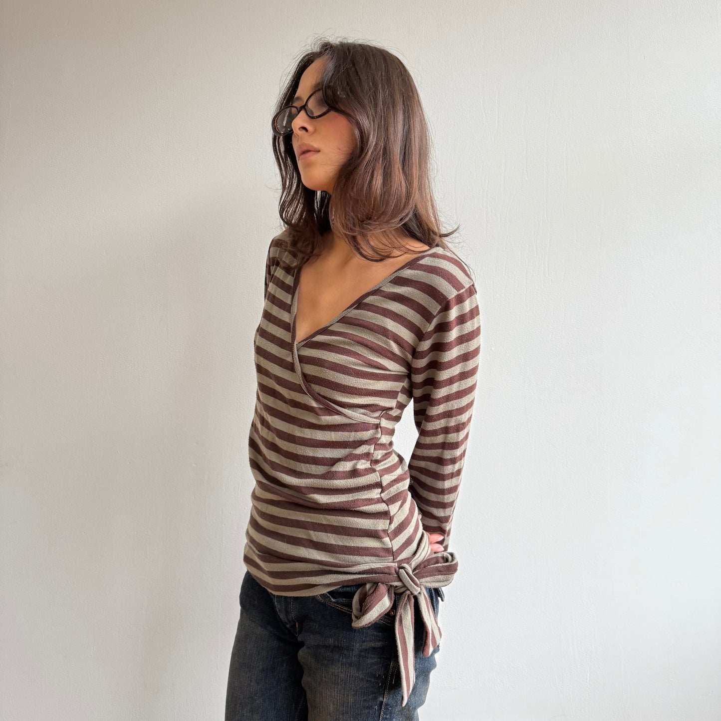 Khaki striped wrap top - Size M
