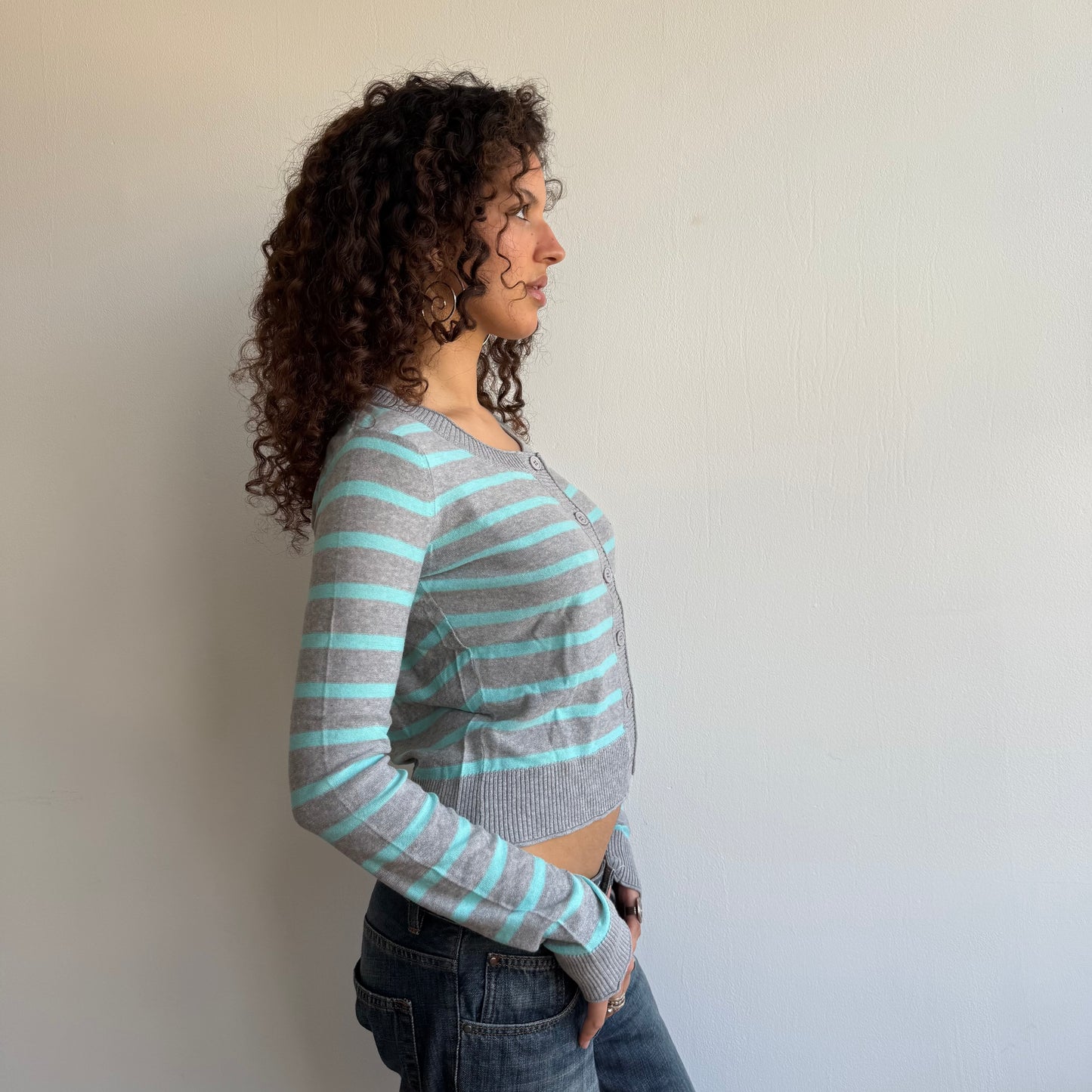 Turquoise + grey striped cardi- Size M