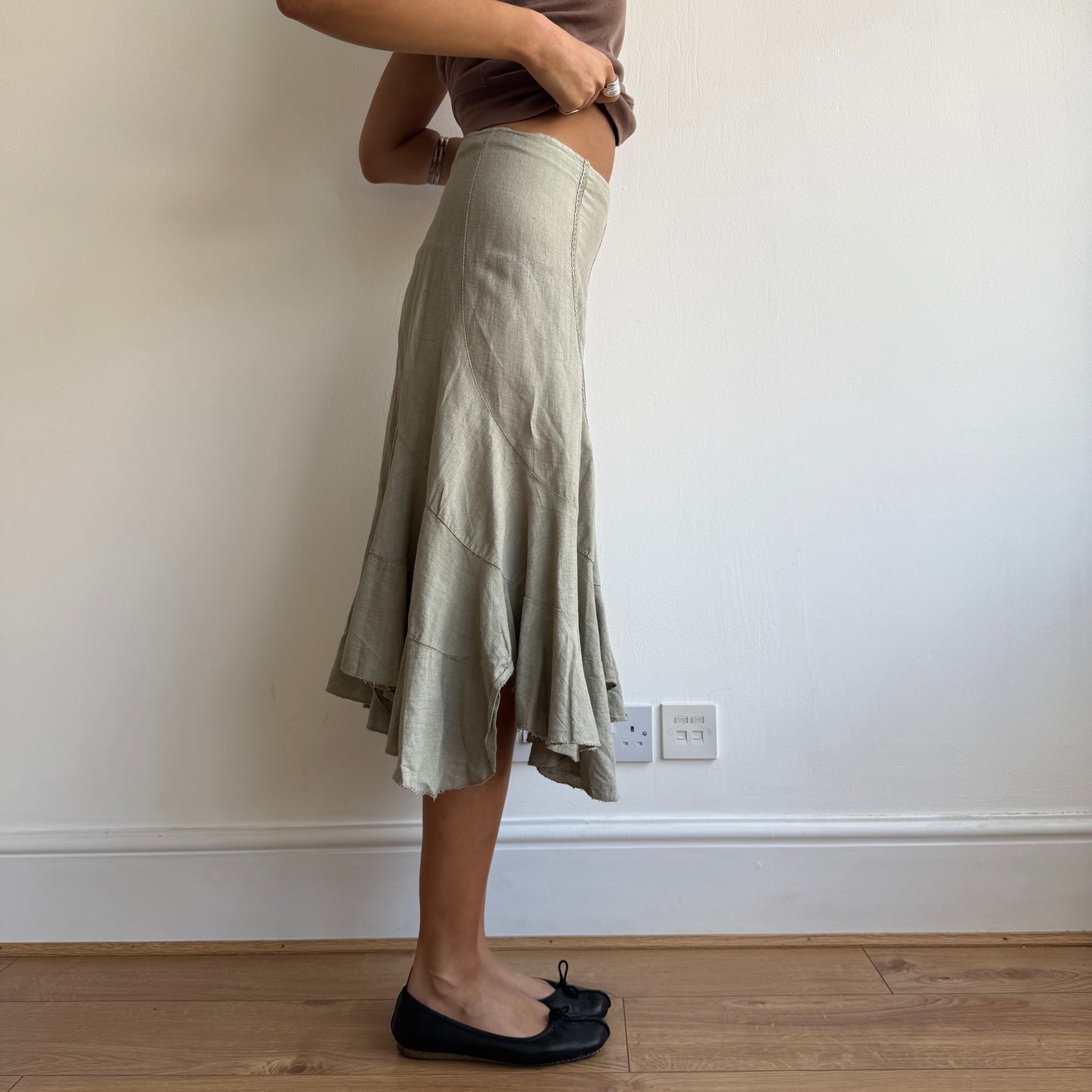 Khaki linen midi skirt - Size XS