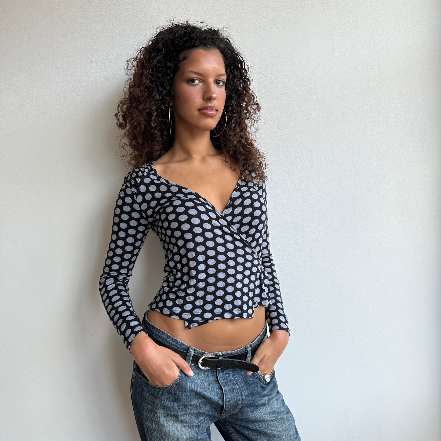 Black + grey polka dot wrap top - Size M