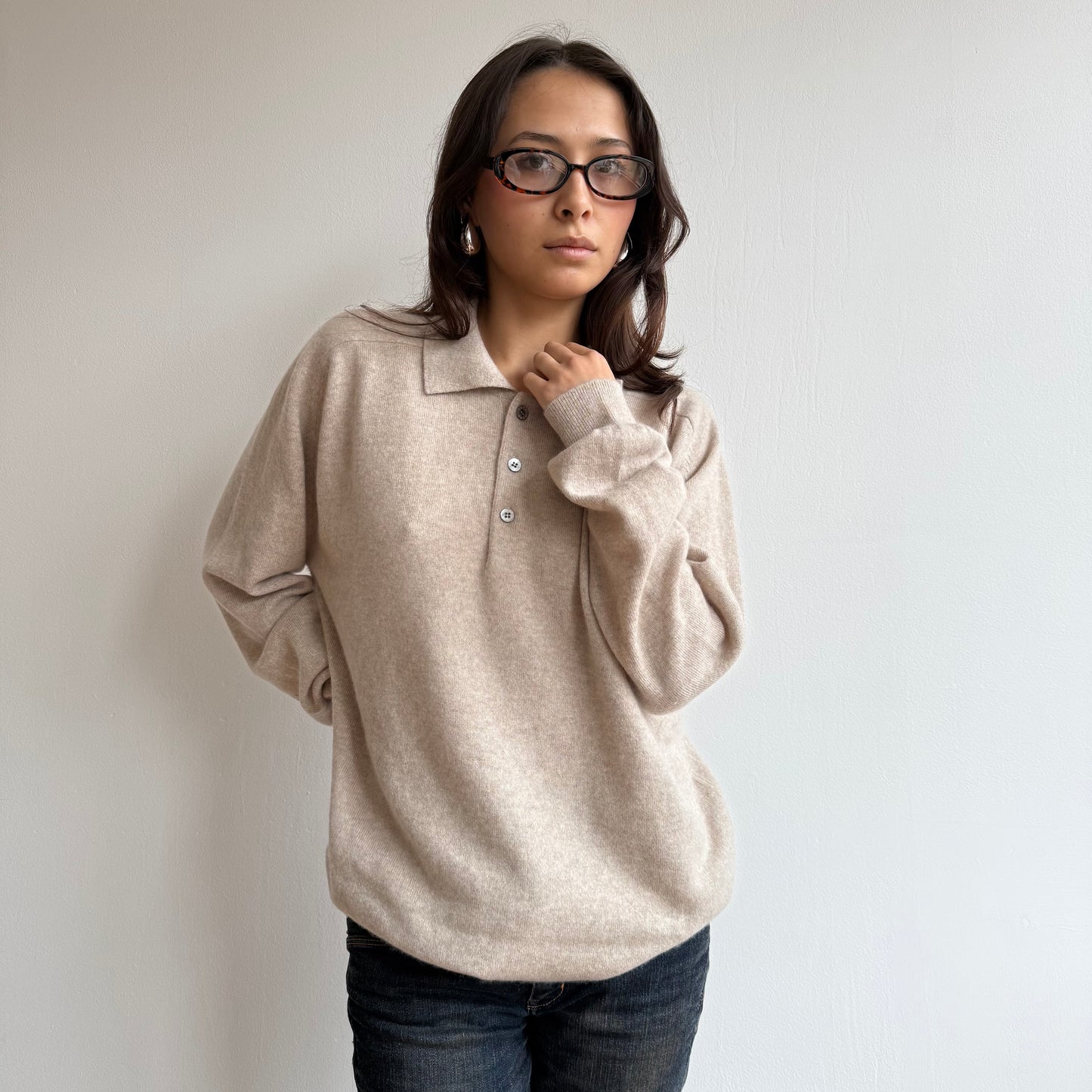 Oatmeal cashmere polo knit - Size M