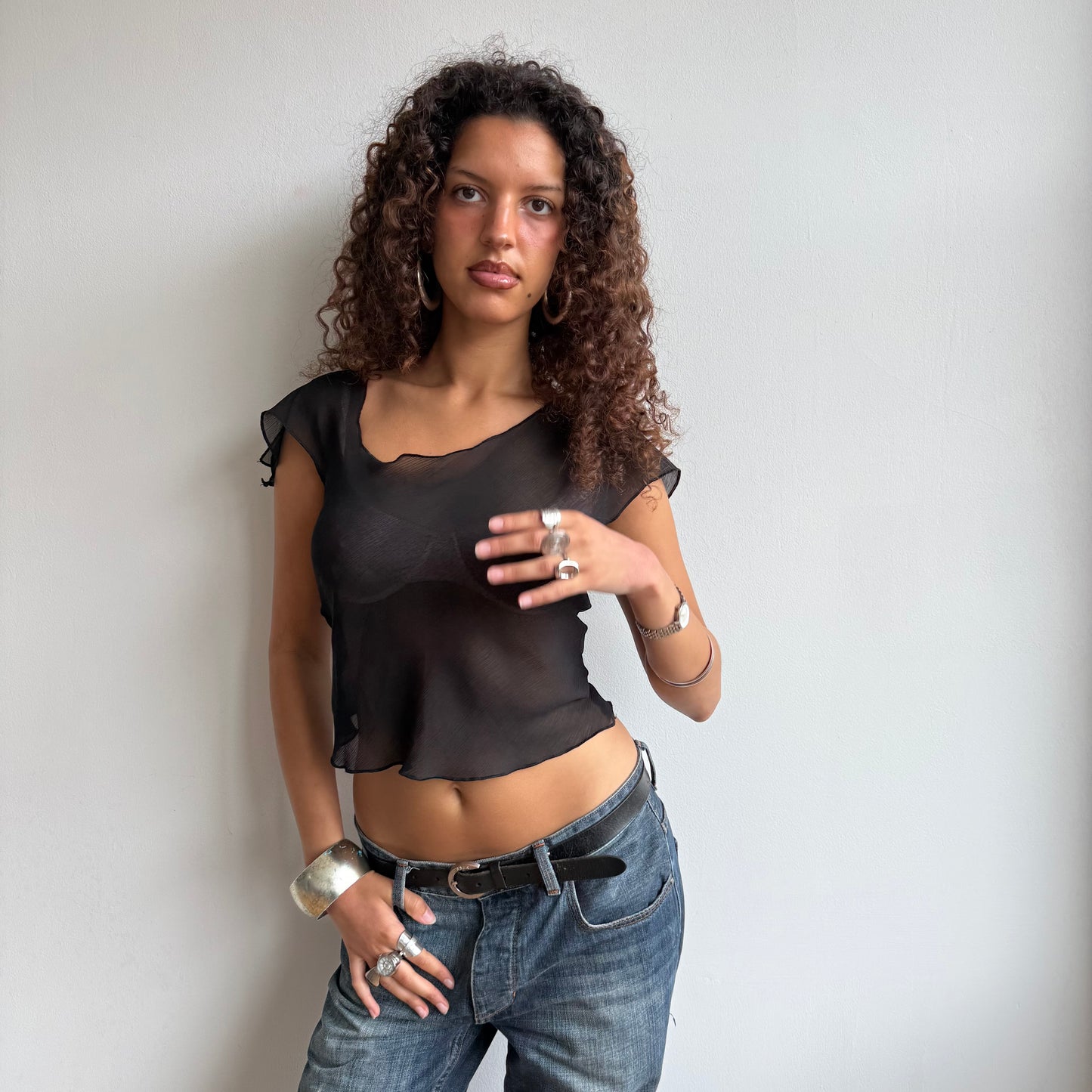 Black asymmetric chiffon top - Size S