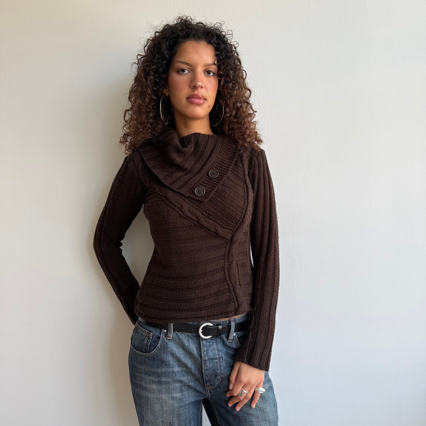 Brown chunky button roll neck - Size S/M