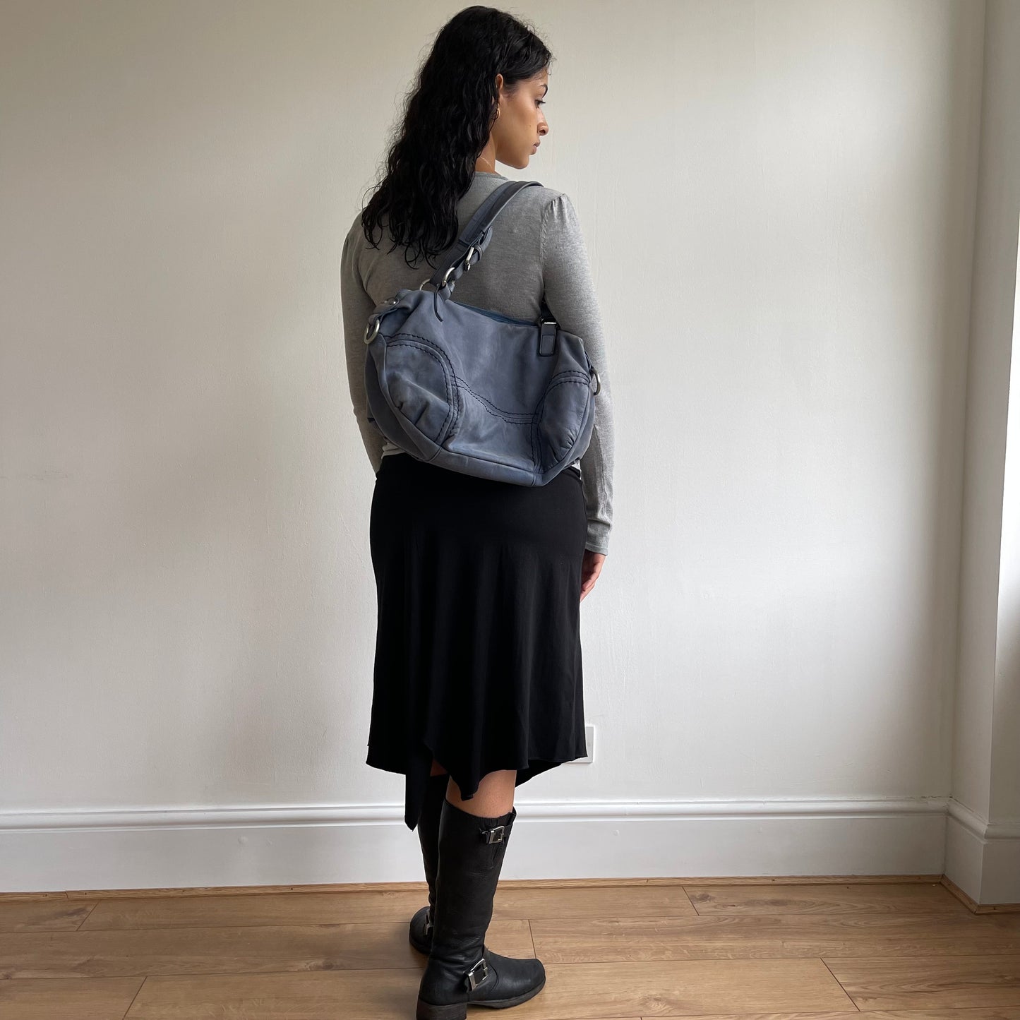 Blue leather slouchy bag
