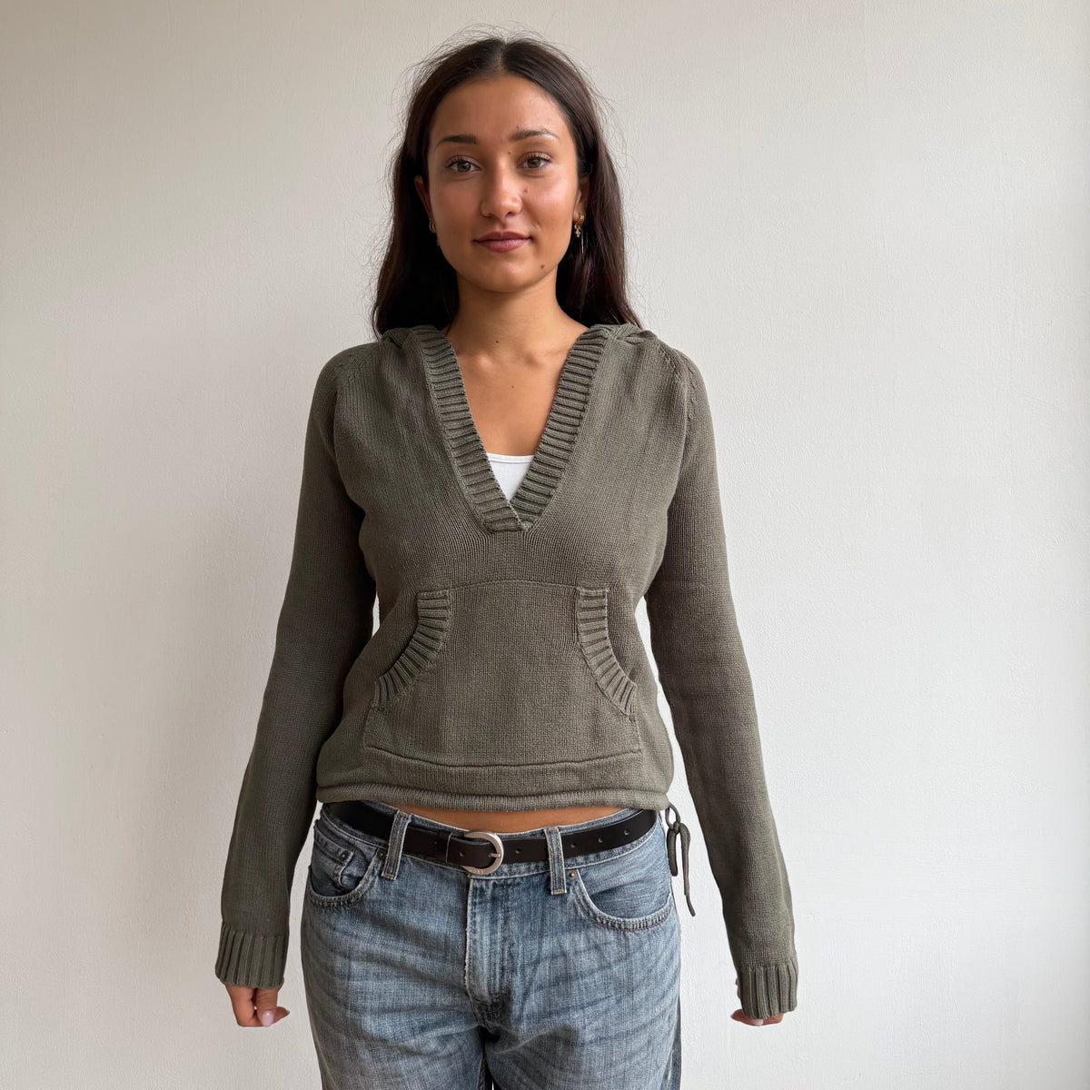 Khaki v-neck knit hoodie - Size S-M