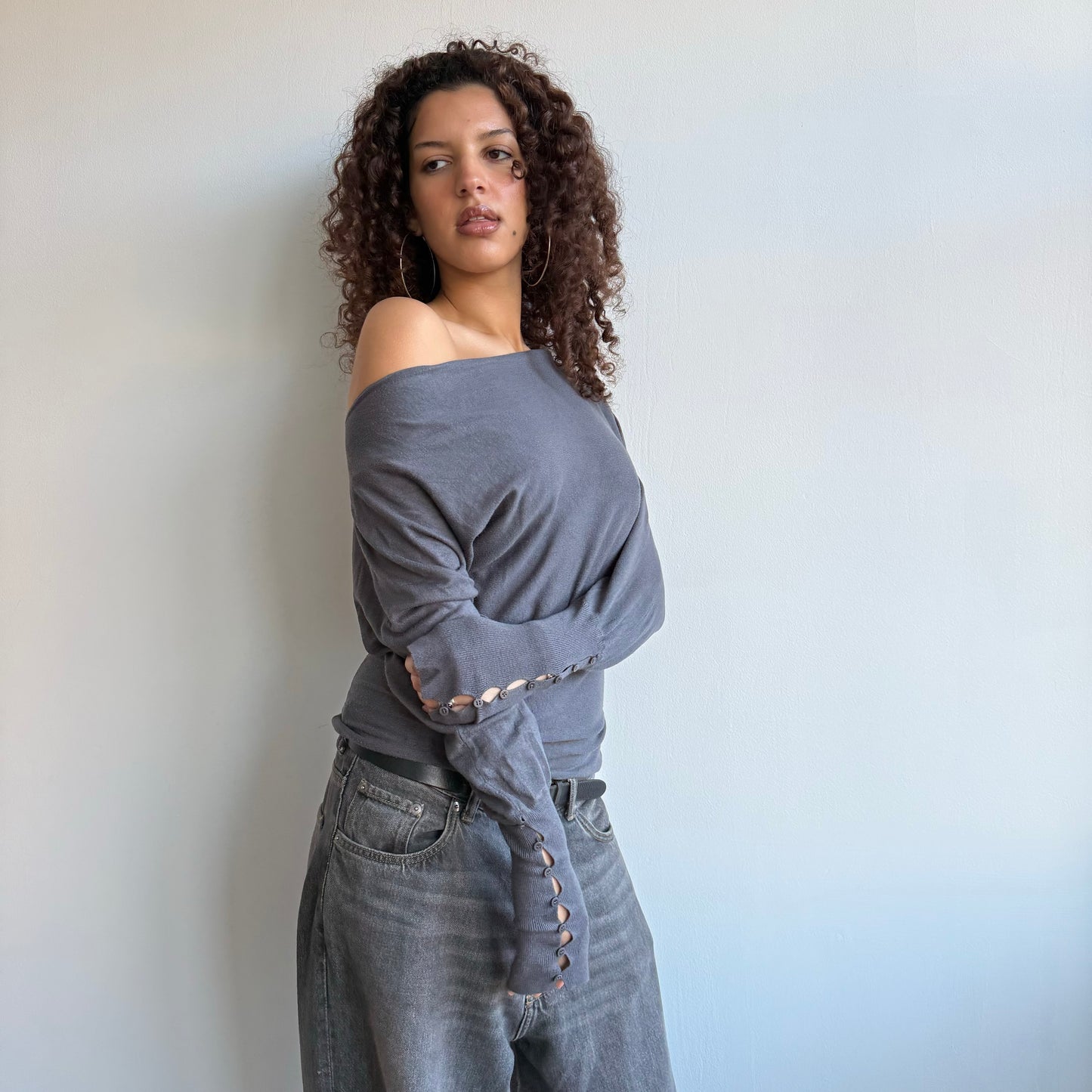 Grey slouchy button jumper - Size S