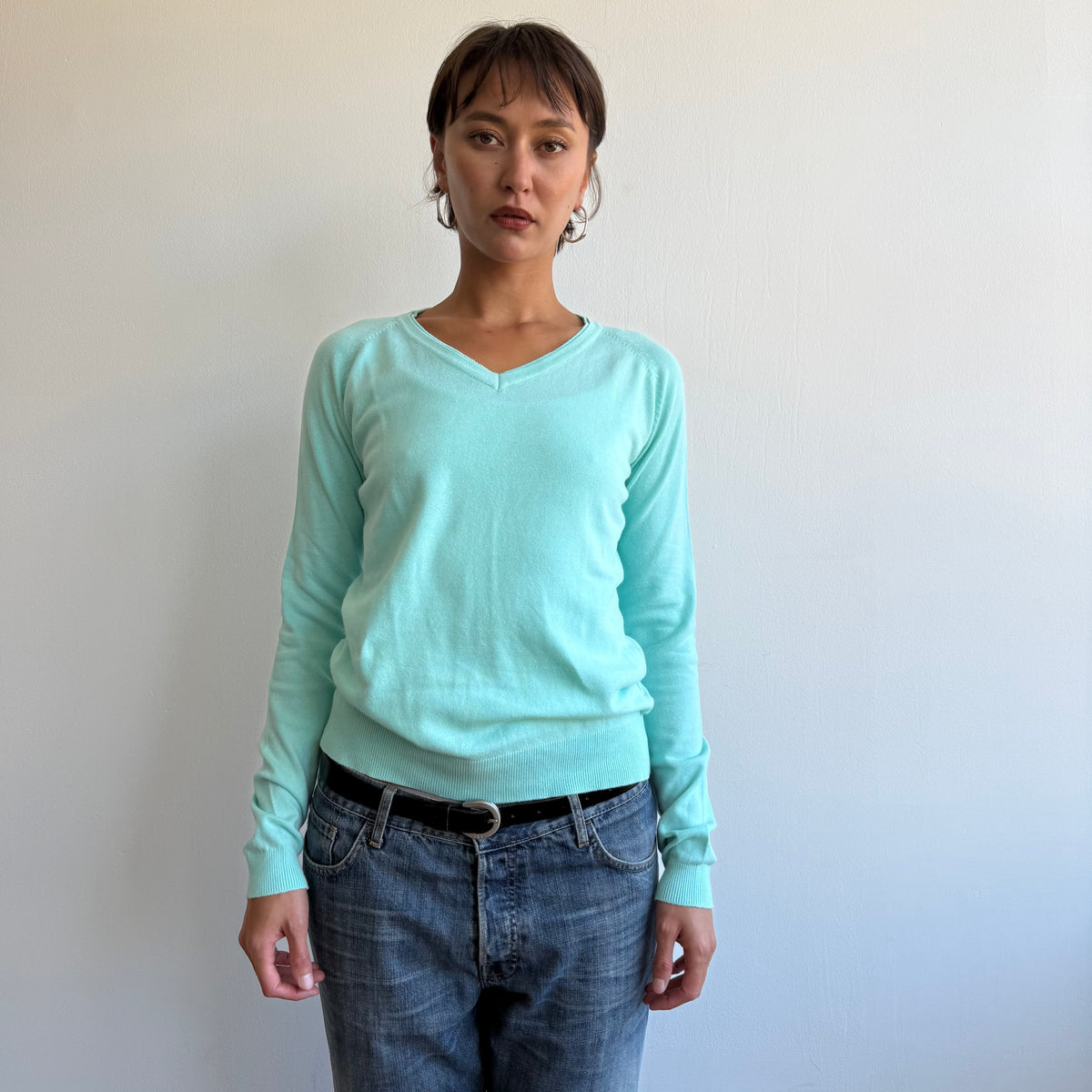 Turquoise v-neck knit jumper - Size M