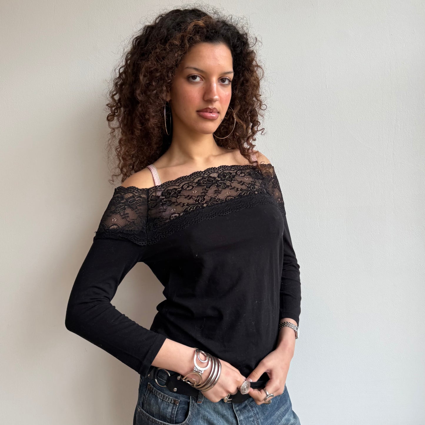 Black lace Bardot top - Size M