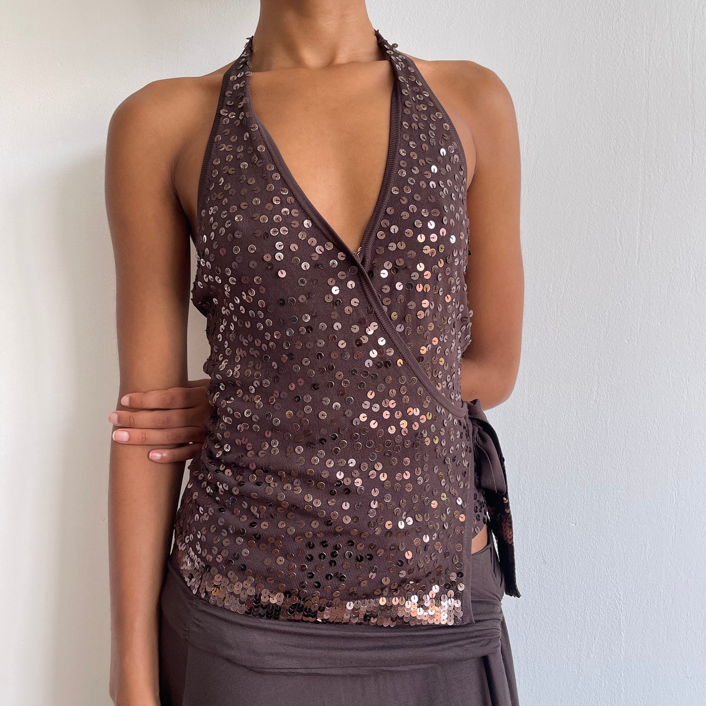 Brown sequin knit halter neck - Size S