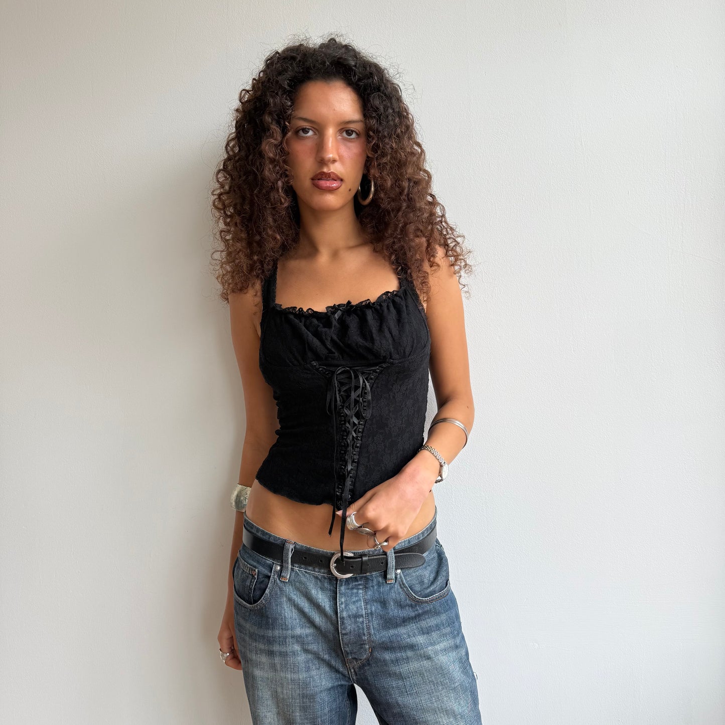 Black lace milkmaid top - Size S