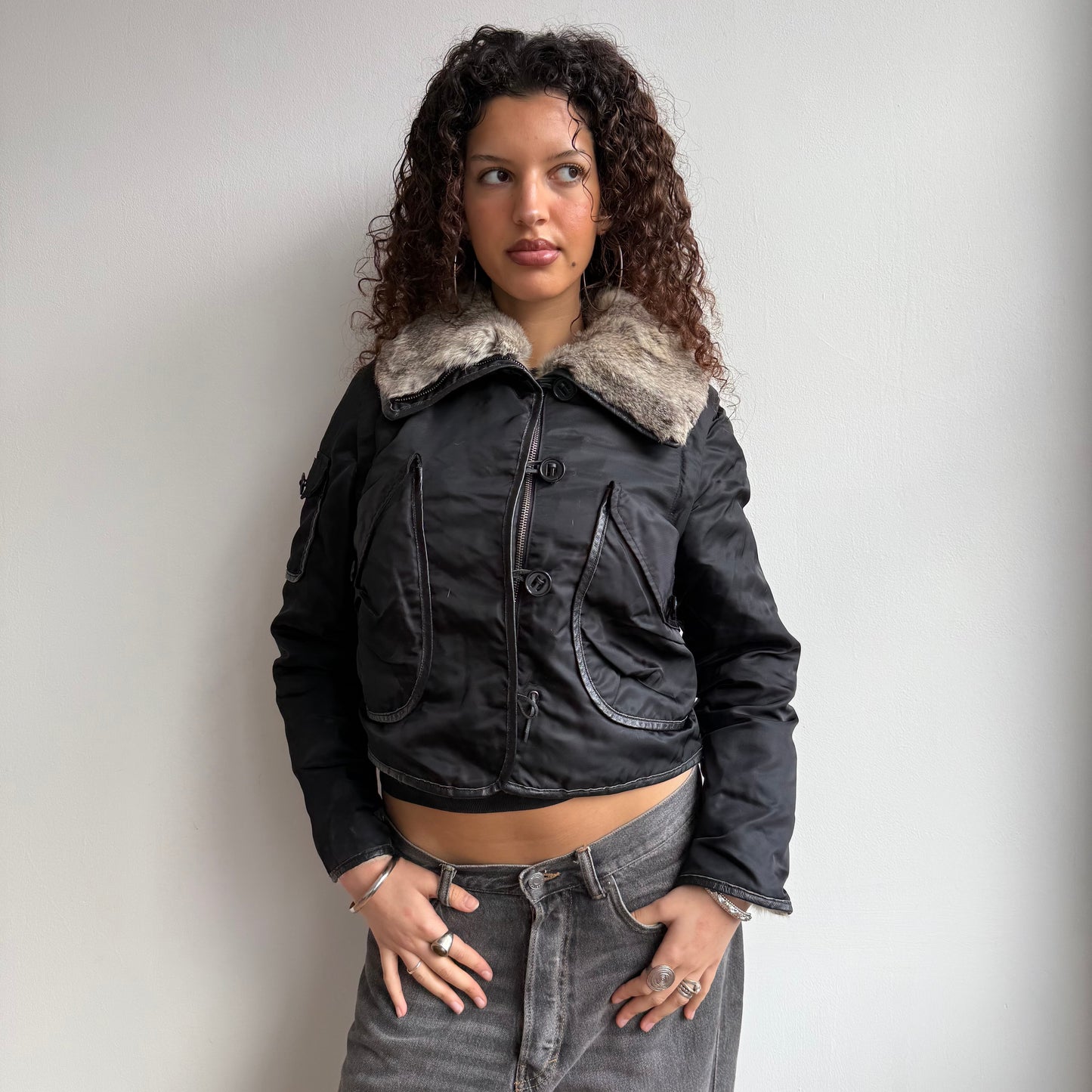 Black rabbit fur bomber - Size S