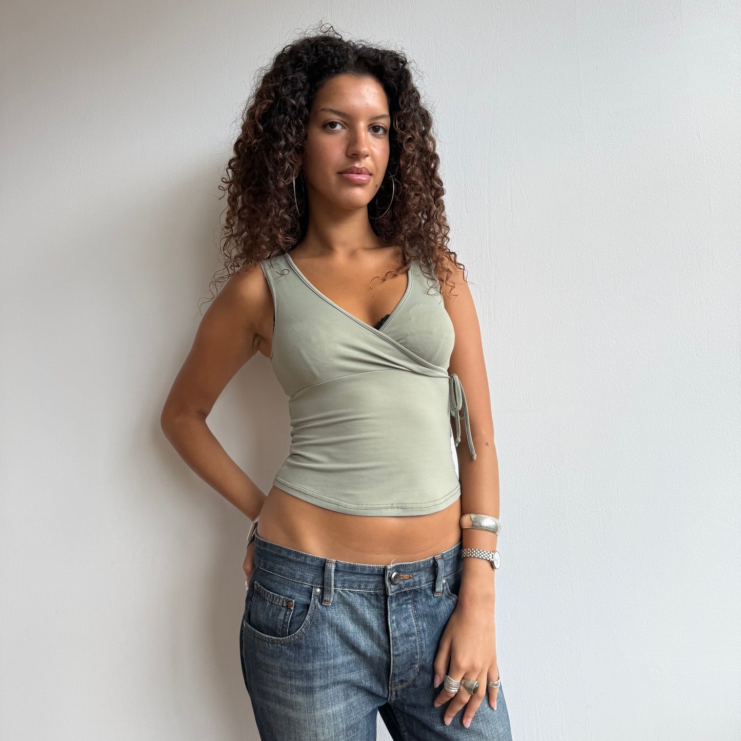Khaki slinky wrap top - Size S