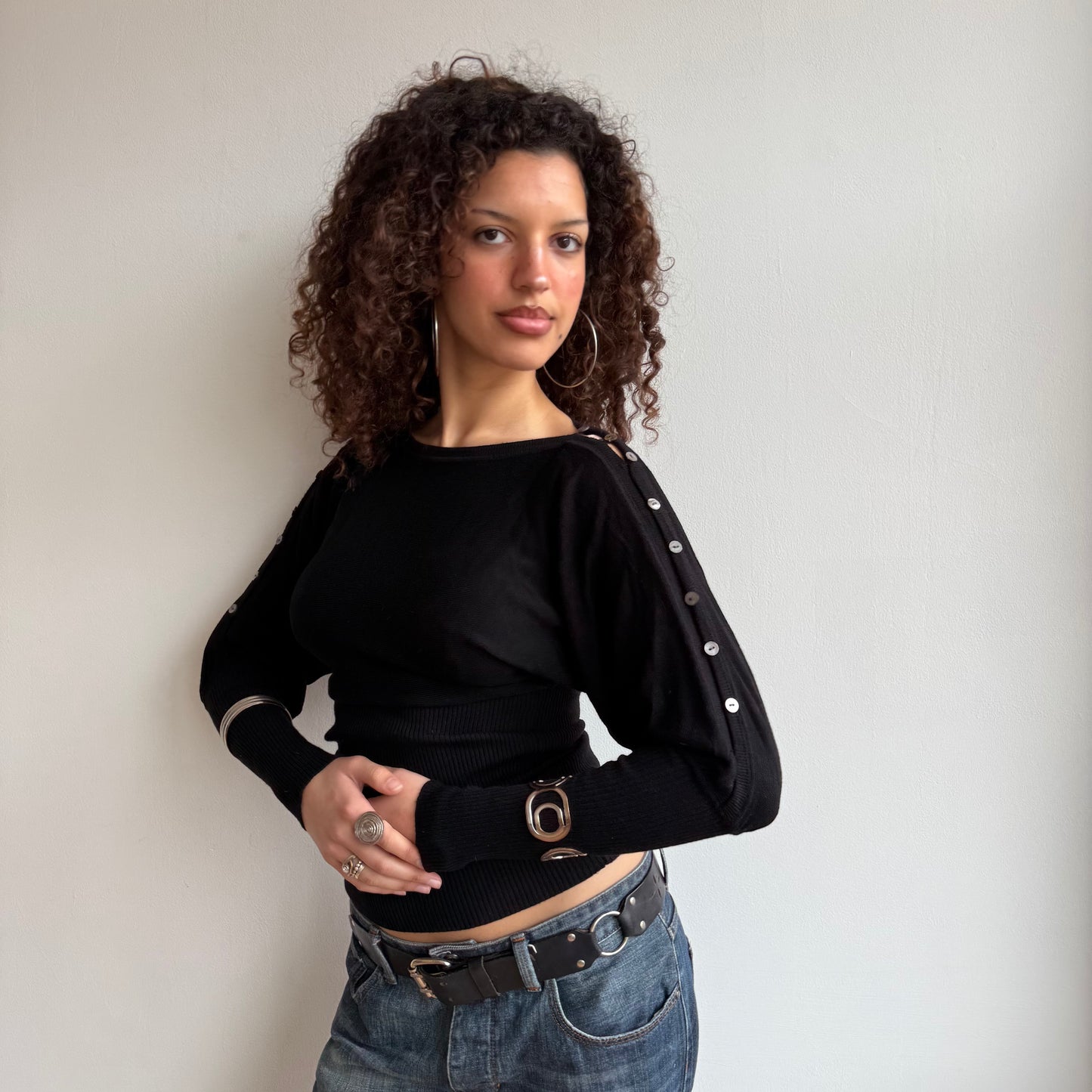Black slouchy button arm knit - Size S