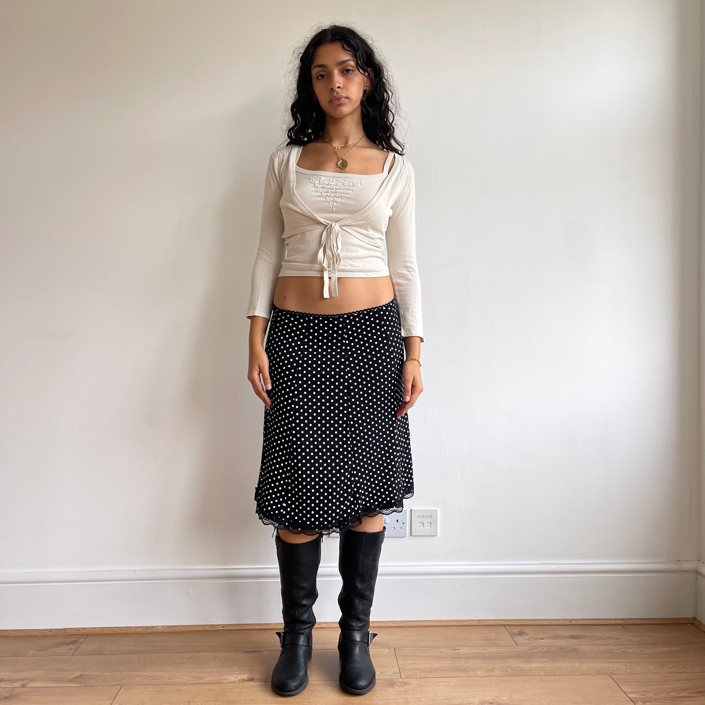 Black polka dot lace midi skirt - Size S