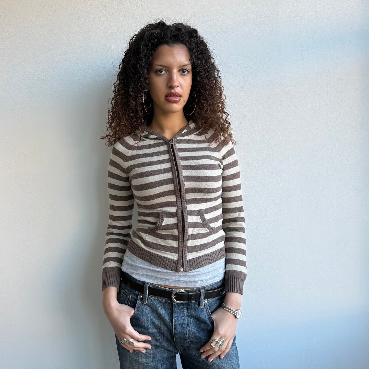 Brown striped knit hoodie - Size XS/S