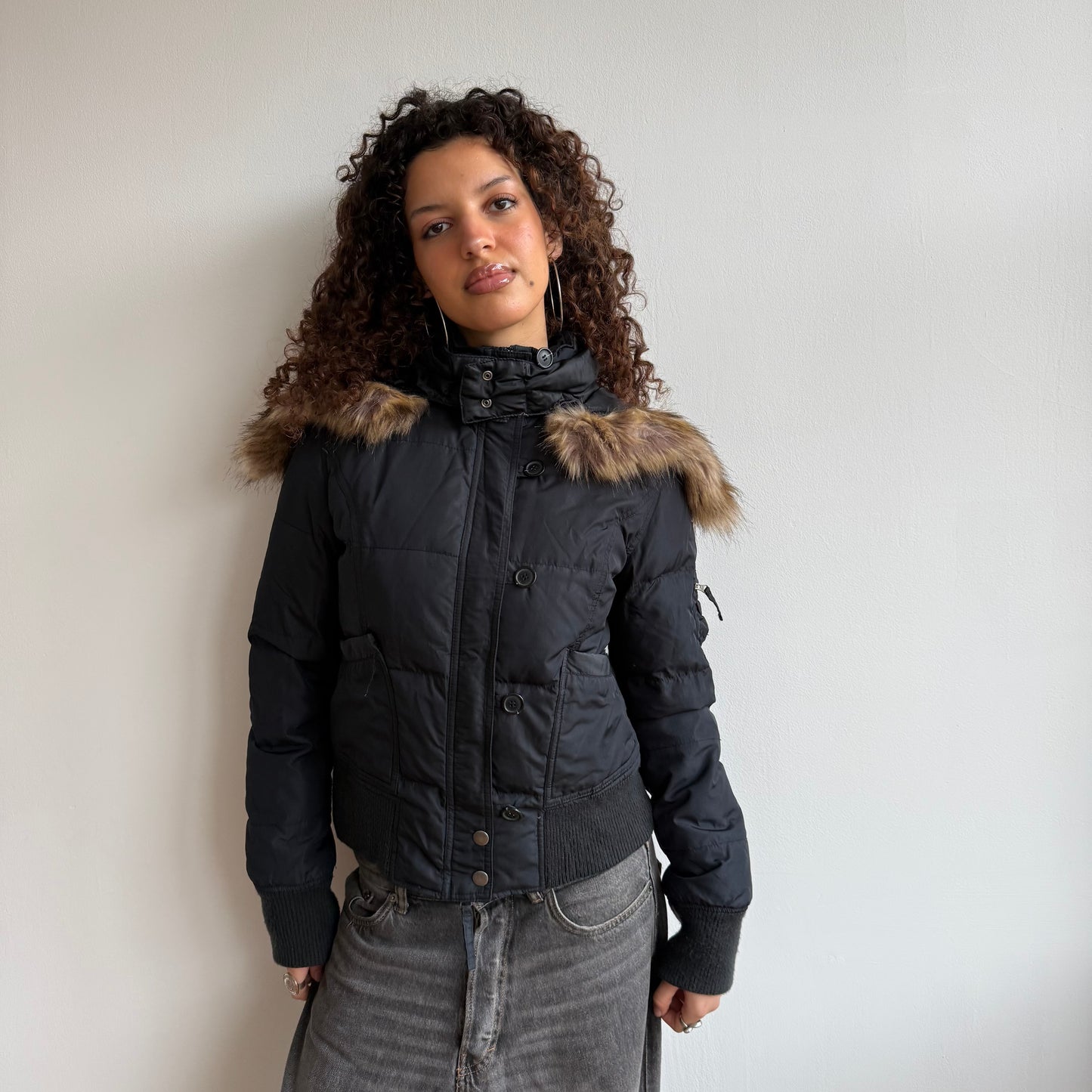 Black fur hood bomber - Size S