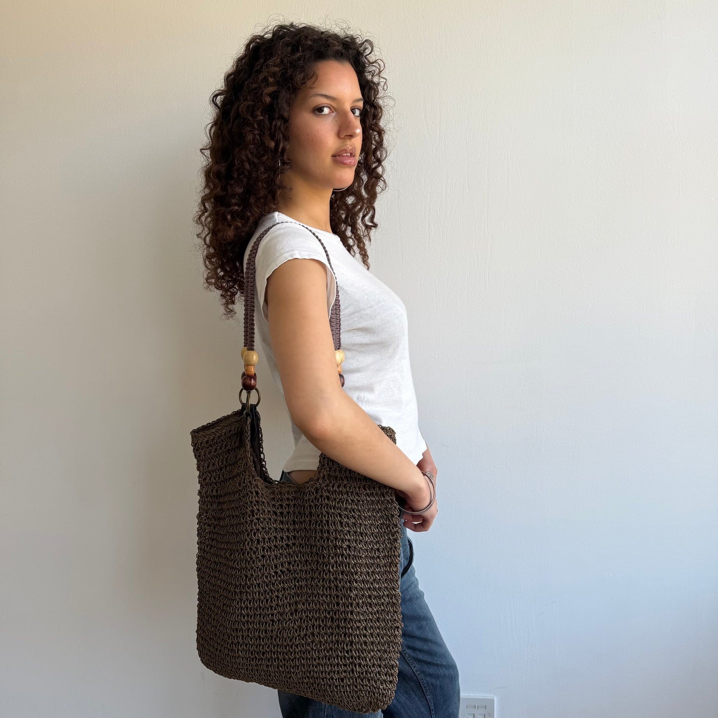 Khaki woven beaded bag