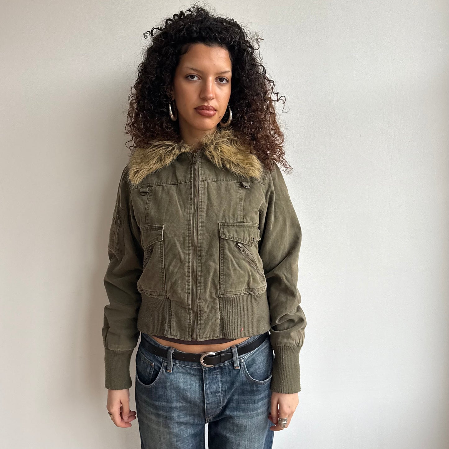 Khaki faux fur collar bomber - Size M