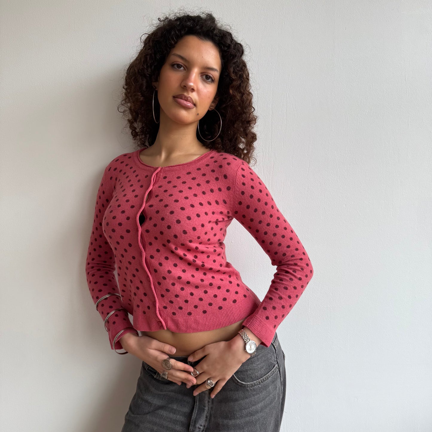 Fuschia polka dot cardi - Size S