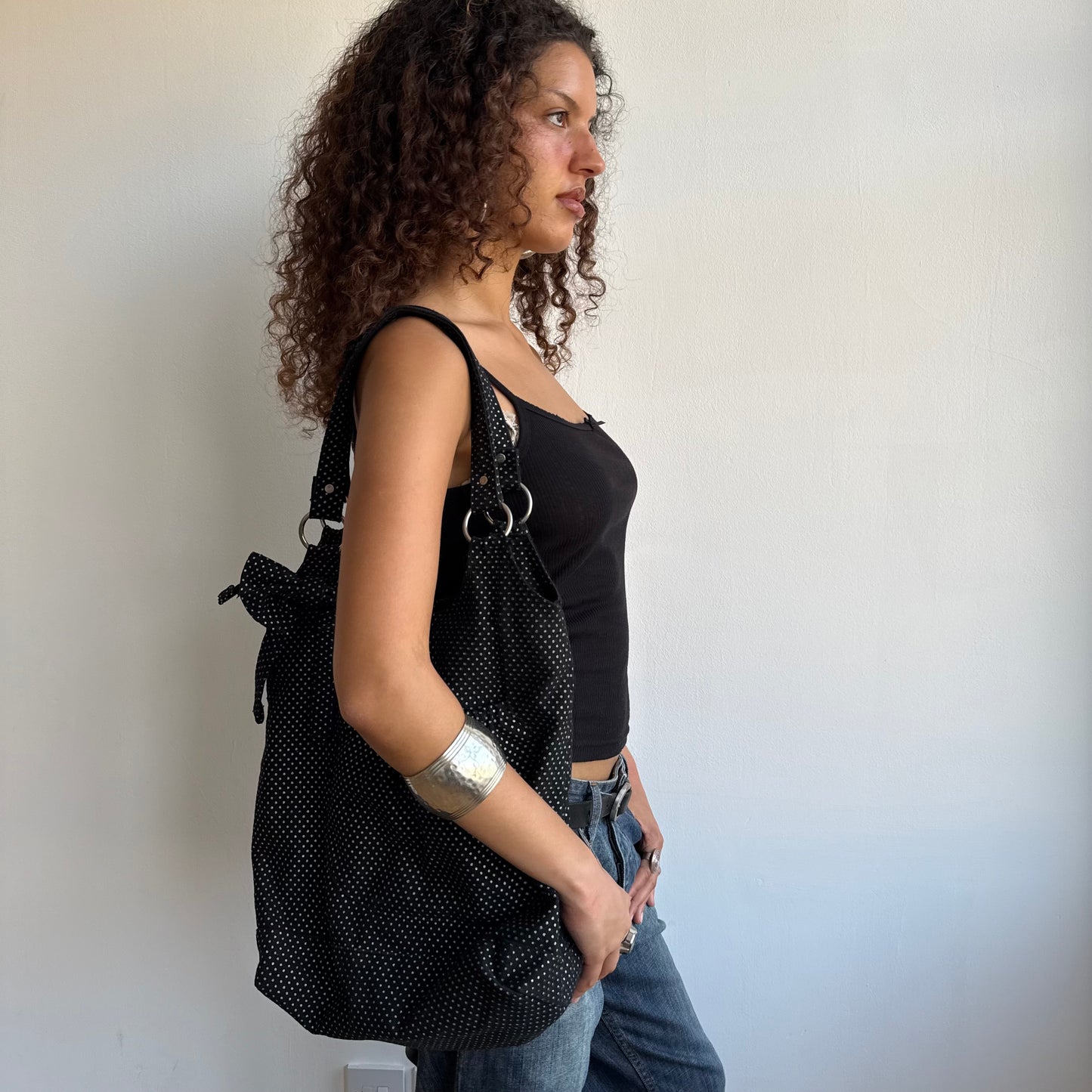 Black polka dot tote bag